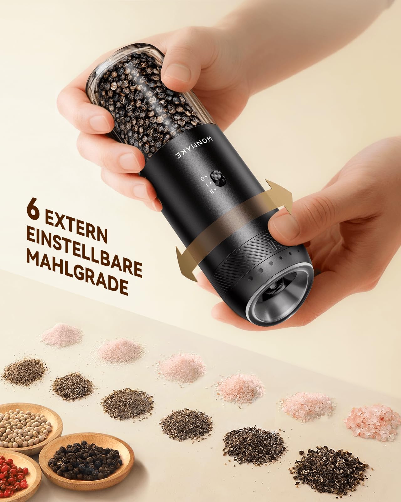 WONMAKE Elektrische Salz und Pfeffermühle Set, Gravity Pfeffermühle Elektrisch Mühle 176 Ml mit Ladestation/Zwei Geschwindigkeitsstufen/6 Einstellbare Mahlgrade/Led Licht, für Die Küche