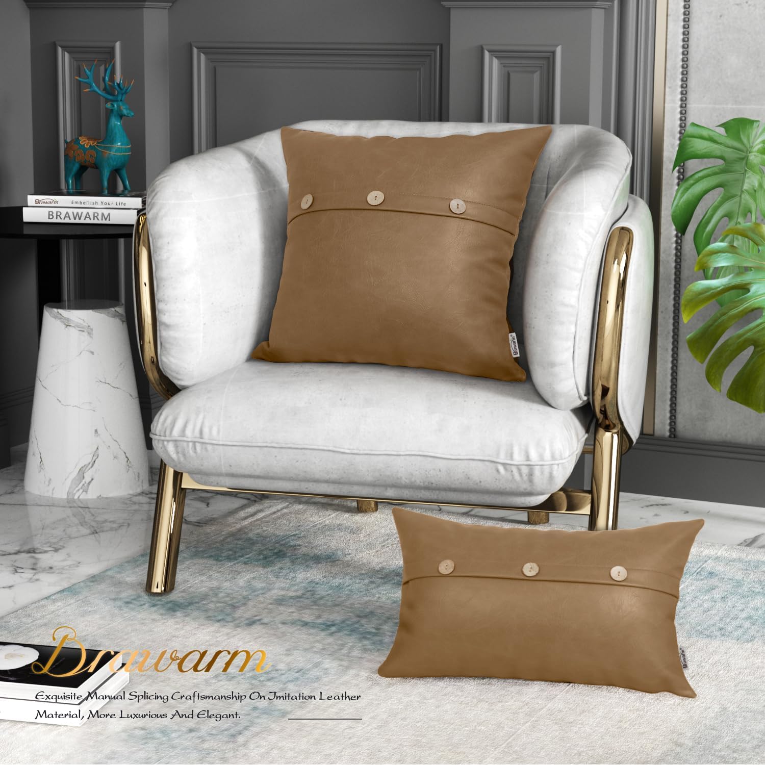 BRAWARM Faux Leather Throw Pillow Cover 20x20 Inch, Khaki Triple Button image 3