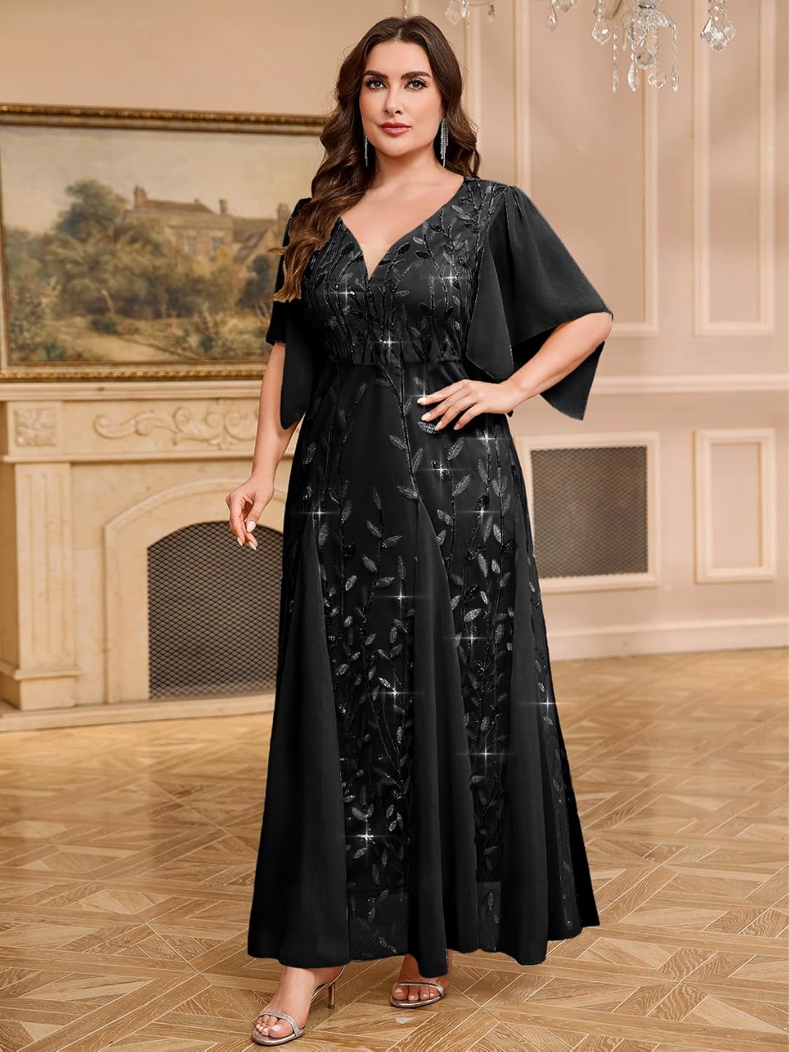 CYCLAMEN Plus Size Formal Dresses Sequin Embroidery V-Neck A Line Floor Length Wedding Guest Cocktail Evening Gown - Image 3