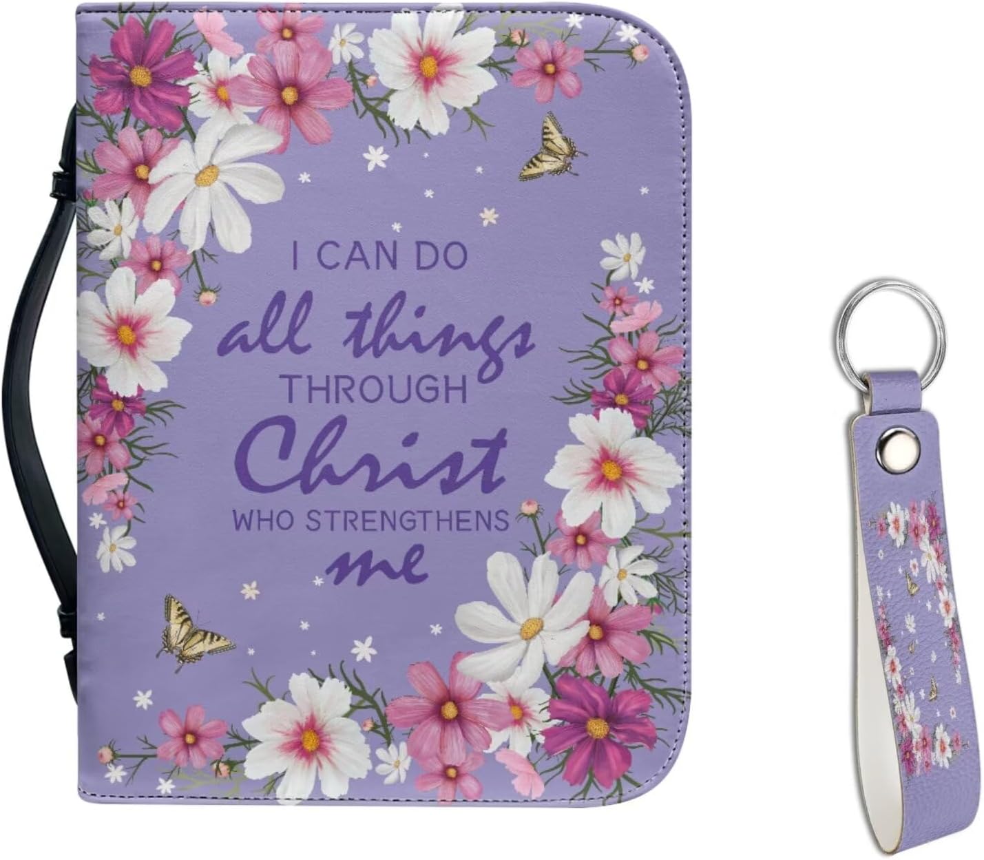 Floral Butterfly Verse Print Bible Carrying Case Set for Christian Zippered PU Leather Bible Cover with Wristlet Keychain, I Can Do All Things Through Christ Who Strengthens Me