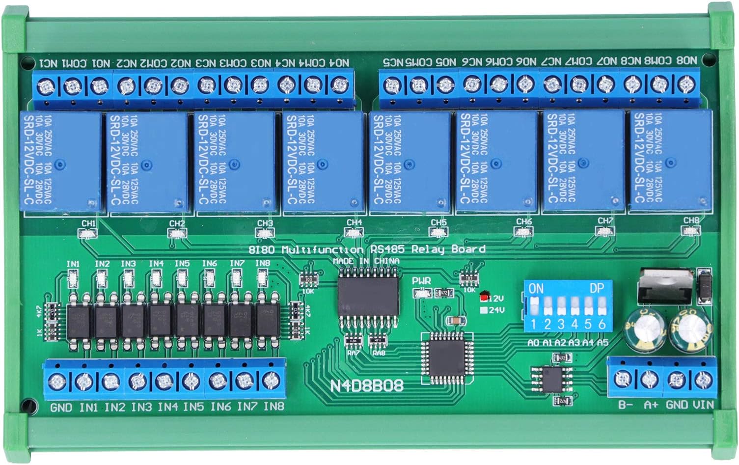 Modbus RTU 8 Way Relay Module, 2400 4800 19200 BPS DIY RS485 System Road DIN Rail Box (8 Way 12V)