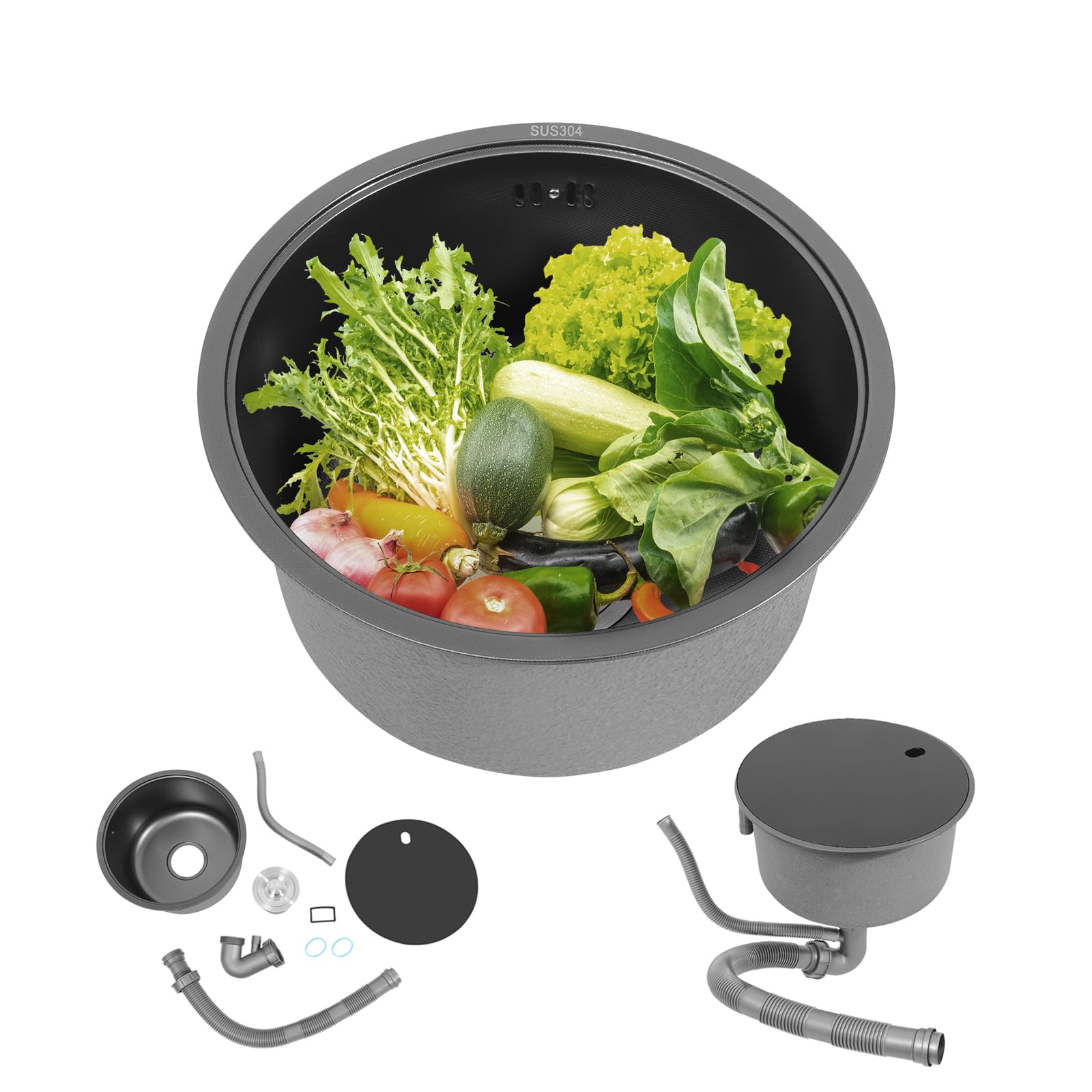 Évier rond en acier inoxydable 304 - Noir - Avec couvercle - Avec tuyau d'évacuation - 36 x 19 cm - Pour appartements, restaurants