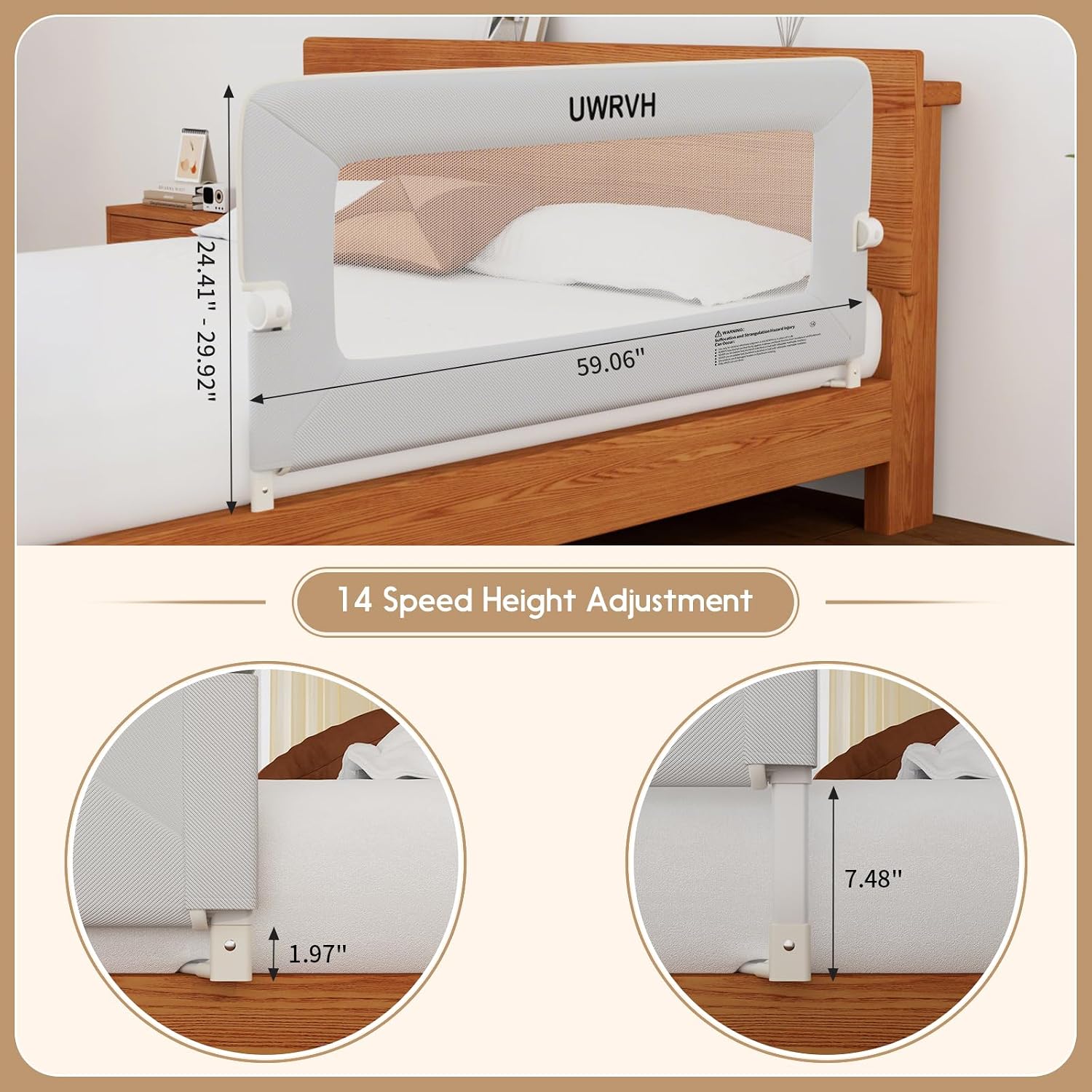 Folding Bed Rail Guard for Toddlers,Safety Toddler Bed Rails,Baby Bed Rails- U-Shape No Drilling Design, Universal Fit for Twin/Full/Queen/King/Bunk Beds (Grey, 59" L x 28" H)
