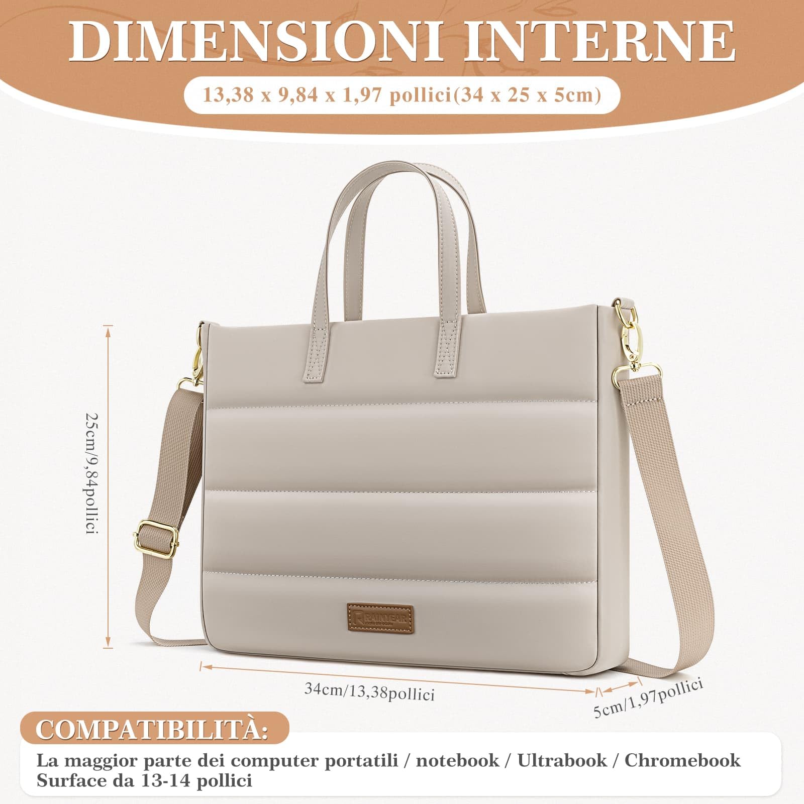 RAINYEAR 13-14 Pollici Signore Borsa del computer portatile per Macbook Notebook Chromebook, caso elegante per il lavoro d'ufficio Business University, Borsa con scomparto del computer portatile, Kaki