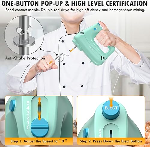 Miniatura 6 de GUALIU Batidora de mano eléctrica con batidor de acero inoxidable, accesorio de gancho para masa y bolsa de almacenamiento, batidora de mano para