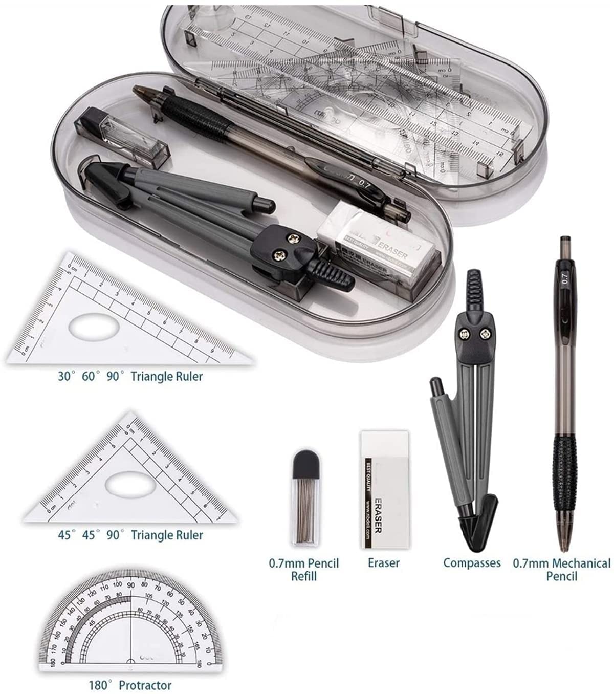 Kit De Boussole Géométrique 10 Pcs Pour Étudiants, Mathématiques Et Ingénierie Avec Étui De Transport 19.5*9.3*2.3cm