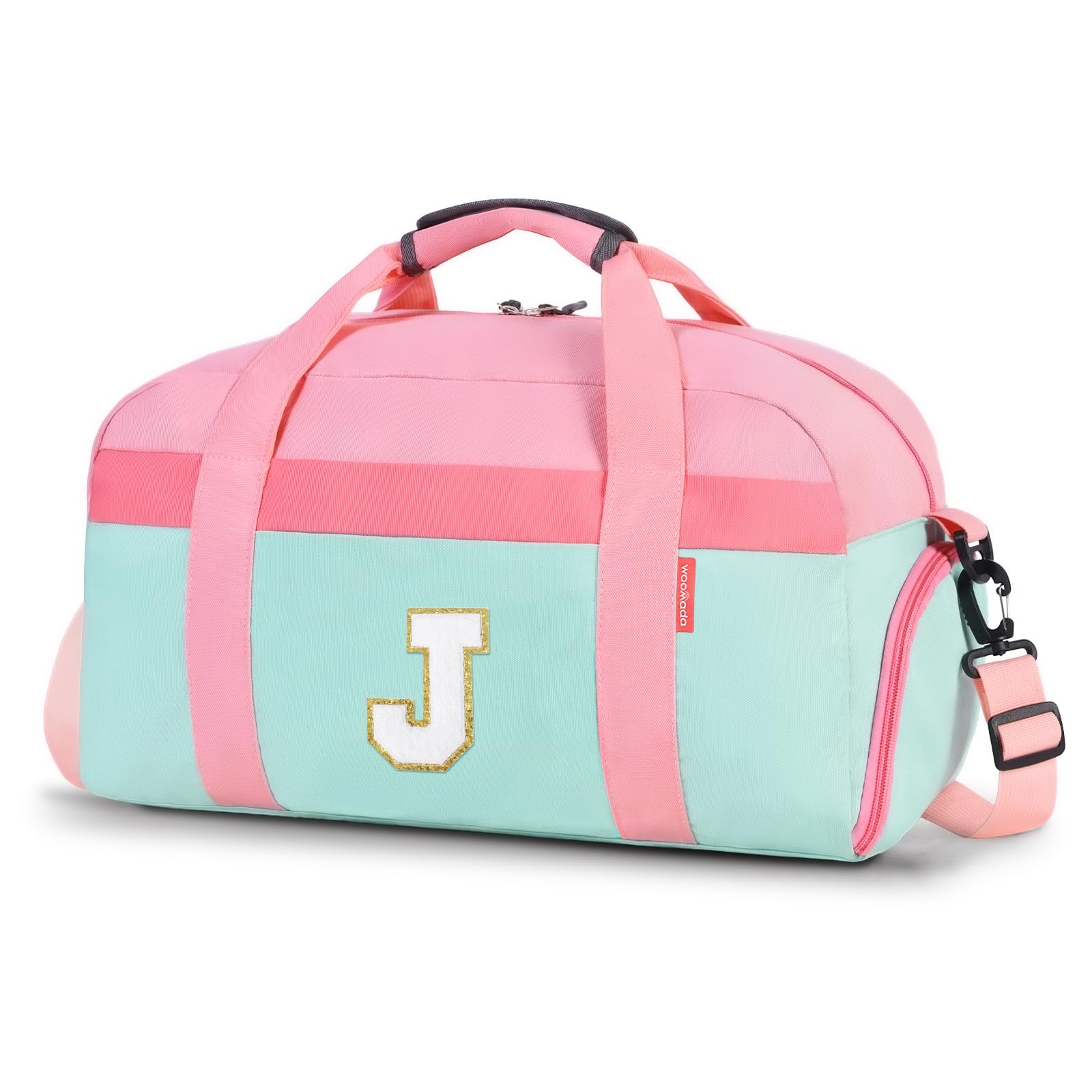 Initial Kids Duffle Bag for Boys or Girls, Kids Overnight Bag with Shoe Compartment, Personalized Weekender bags, Birthday Gifts for Women Boys Girls (Pink Green-Letter J)