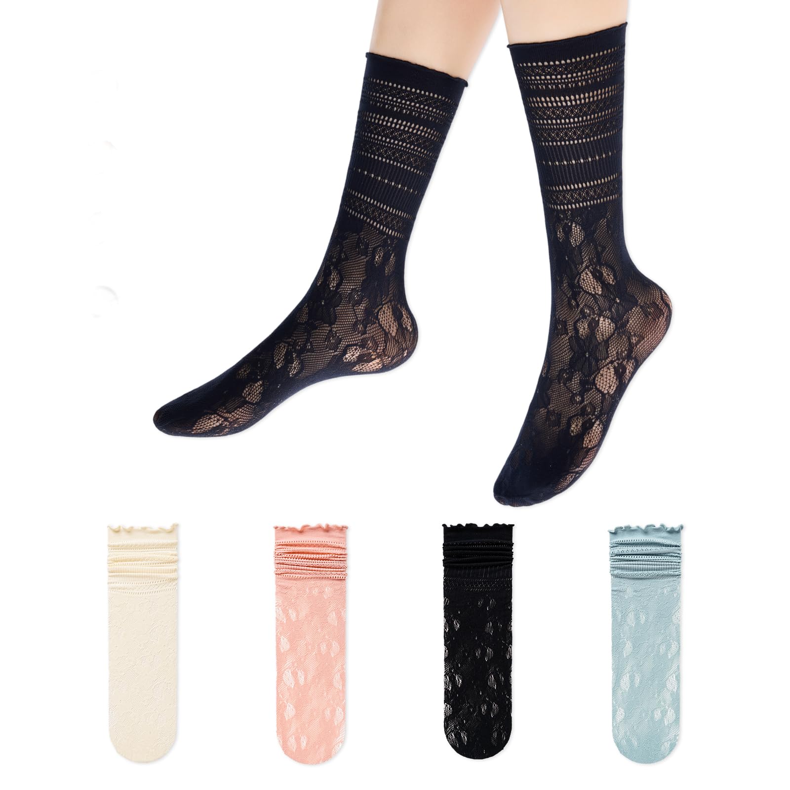 Gaoso Women's Fishnet Crew Socks 4 Pairs Breathable Mesh Stack & Scrunch Long Calf Socks