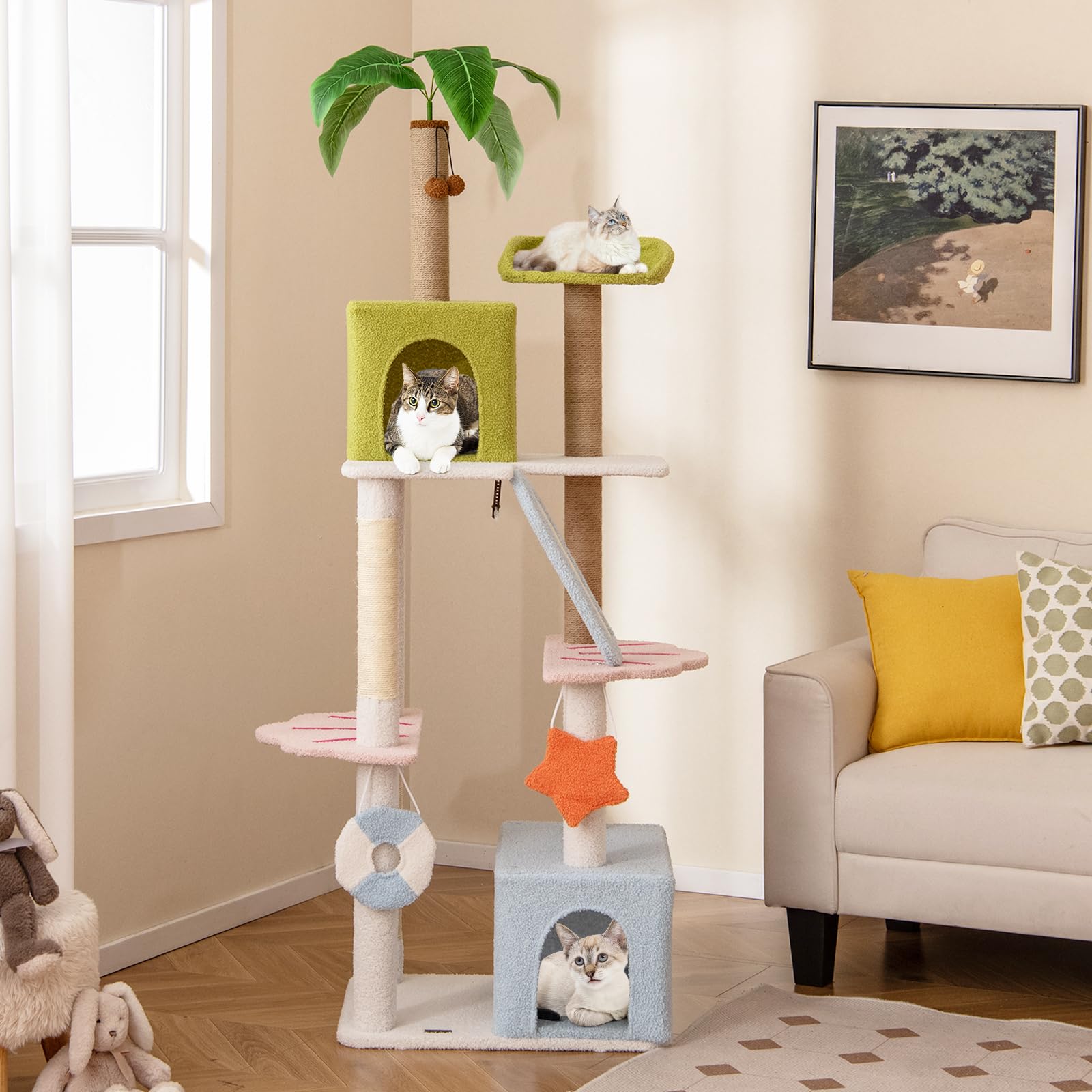 GYMAX Albero Tiragraffi per Gatti Alta180 CM, Torre Multilivello con 2 Condomini, Rampicante e Posti per Graffiare, Morbida, Decorazione a Tema Spiaggia, Centro Attività per Gattini e Gatti Adulti
