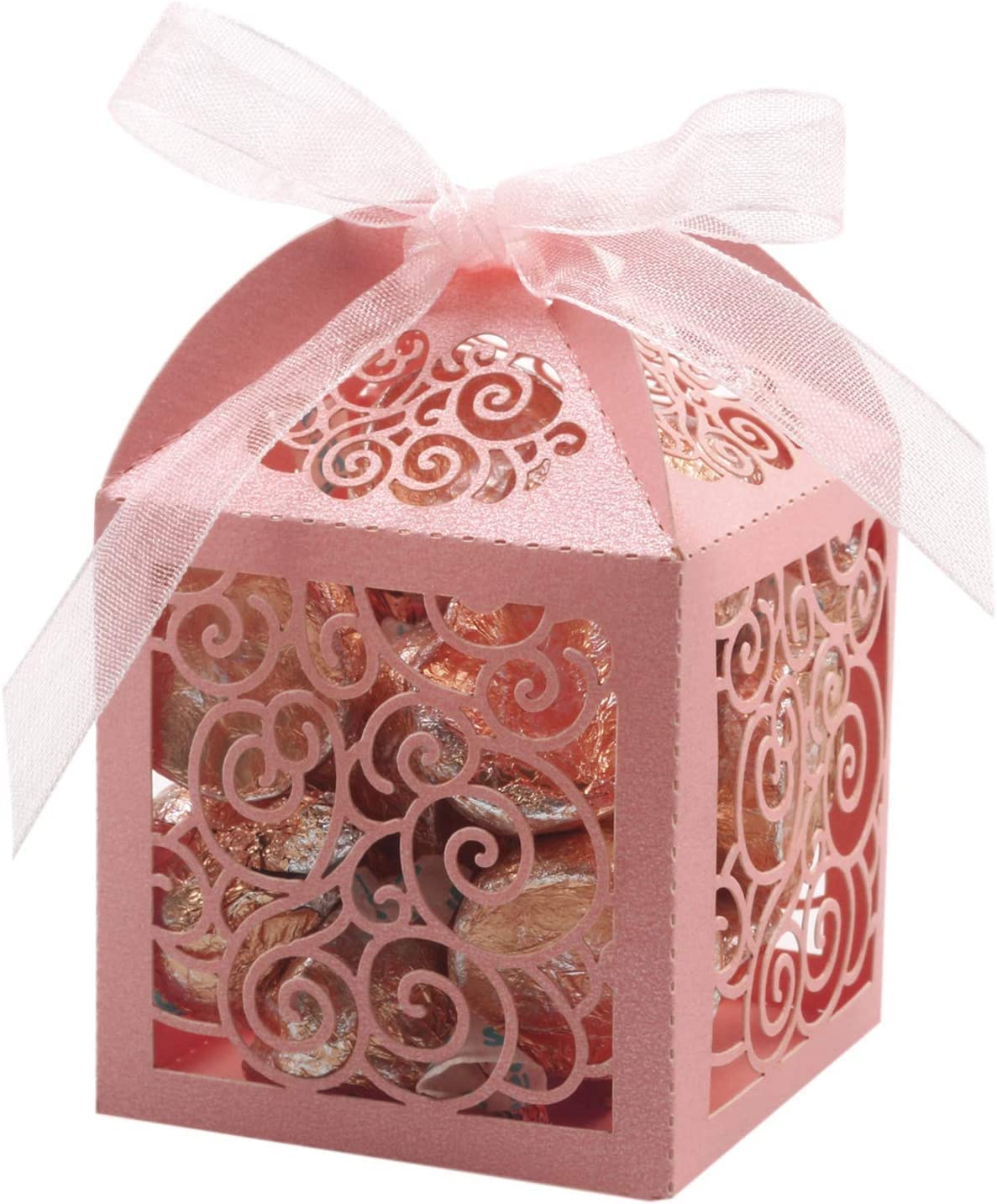 THMINS 100 Pack Wedding Favor Boxes Laser Cut Boxes Party Favor Box Small Gift Boxes Lace Candy Boxes for Wedding Bridal Shower Baby Shower Birthday Party Anniverary with Ribbons