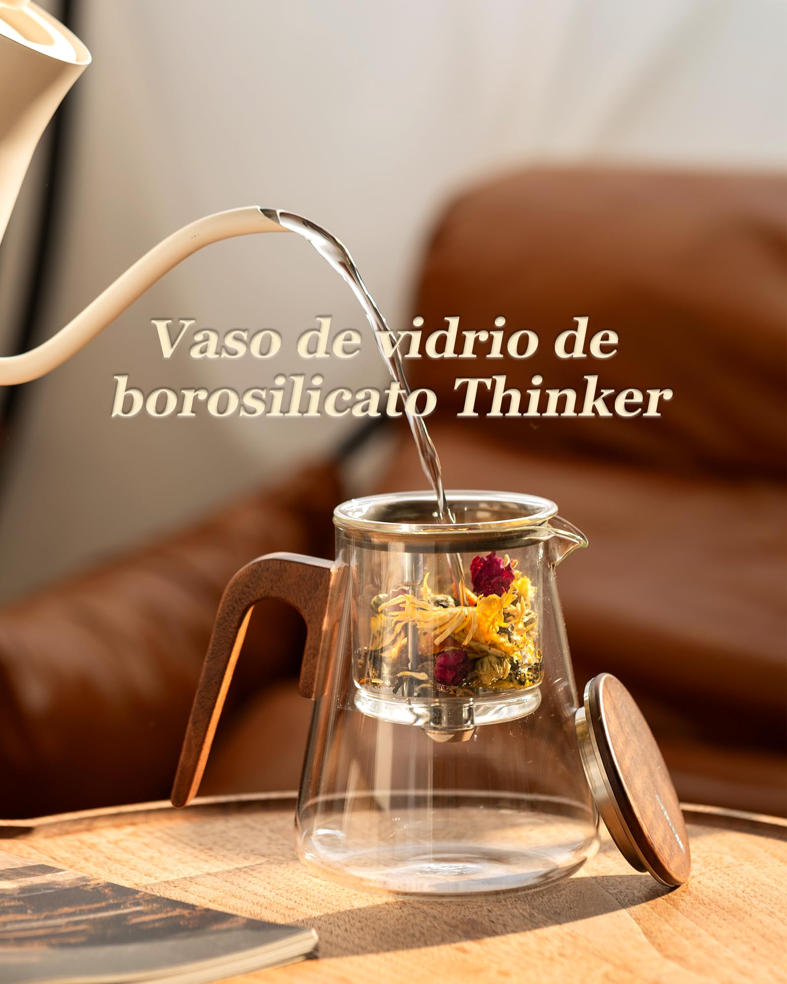 Tetera de cristal para separación de agua con filtro, Magnética Flujo hacia abajo, Tetera infusiones mágica para té en, mango de madera de nogal, regalos para los amantes del té-800ML