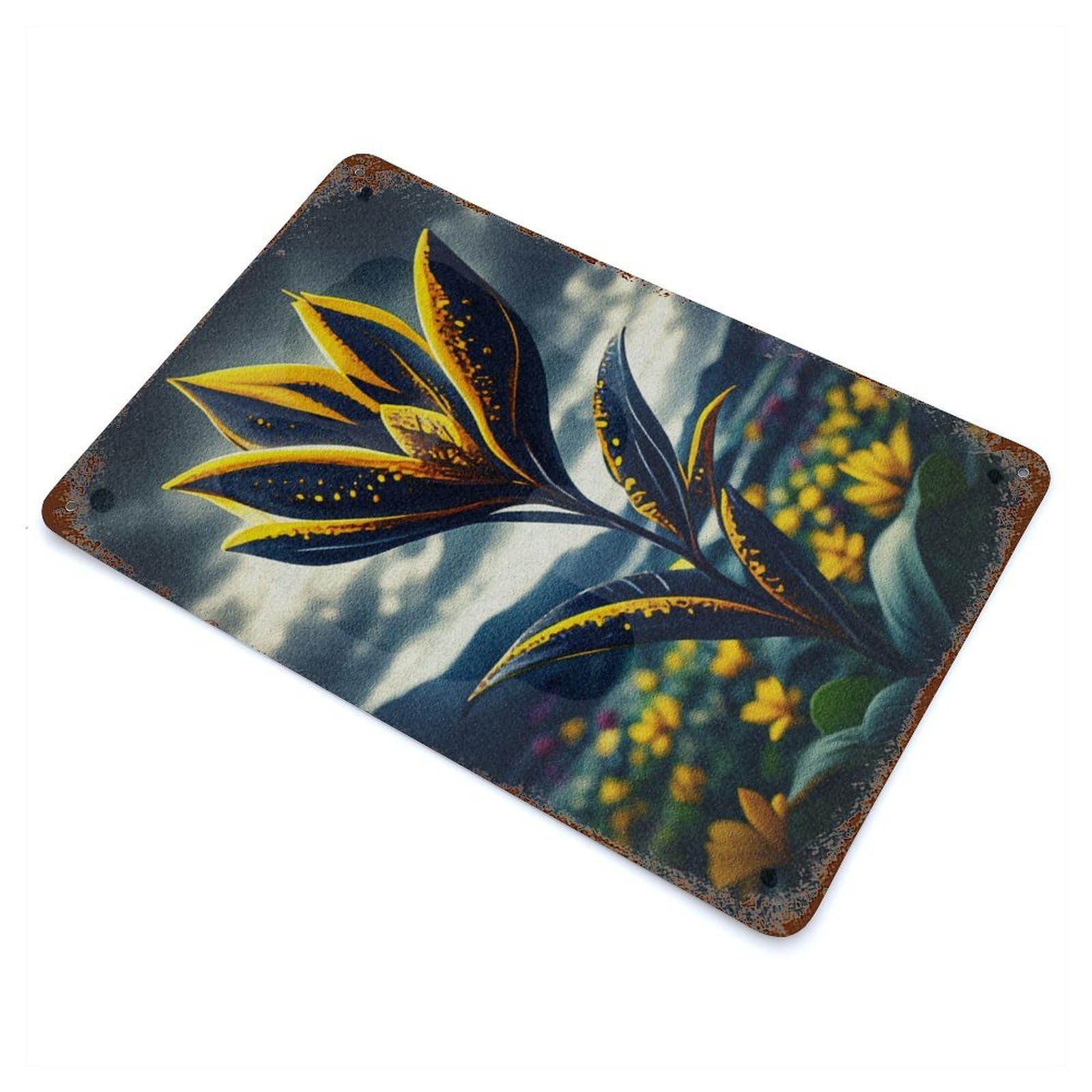 Garage Style Golden Flower in Field Aged Metal Wall Plaque 11.8"x7.9", Novelty Wall Decor for Bar And Workshop