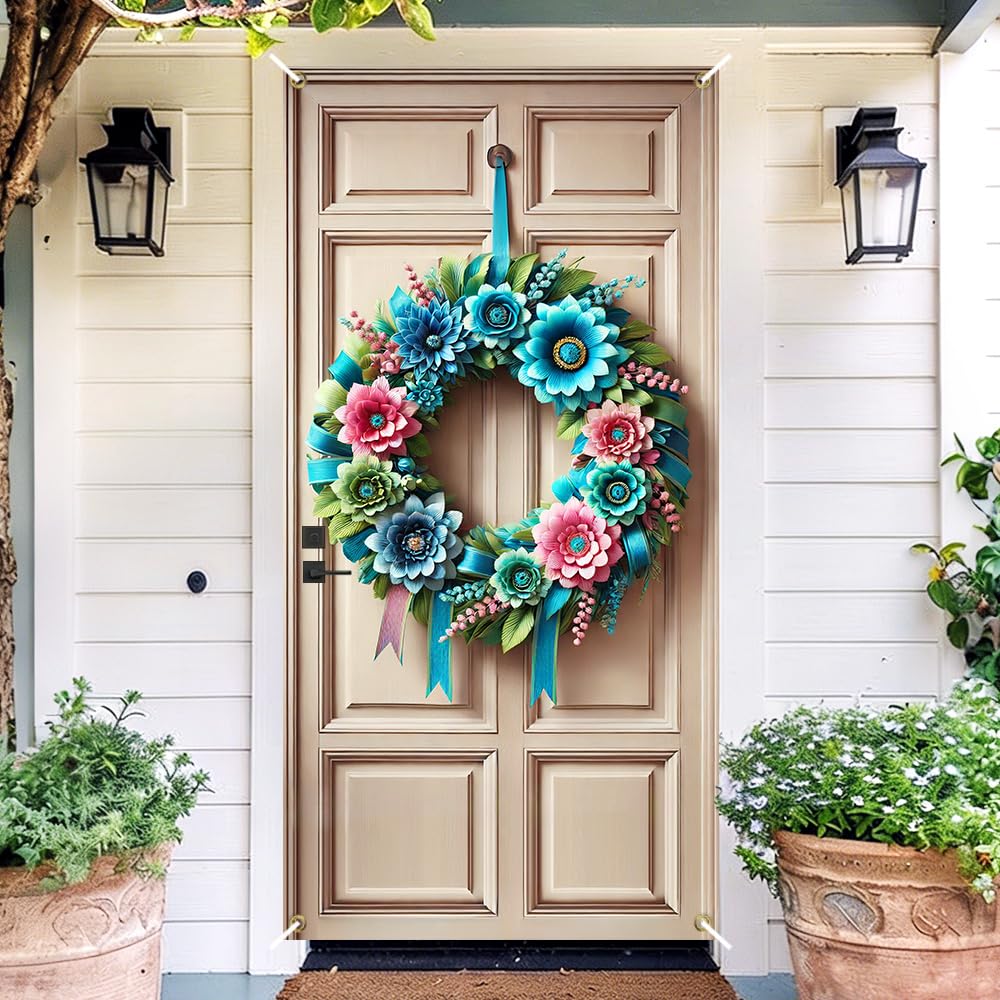 Teal Pink Floral Ring Door Cover 35x71in Spring Bloom