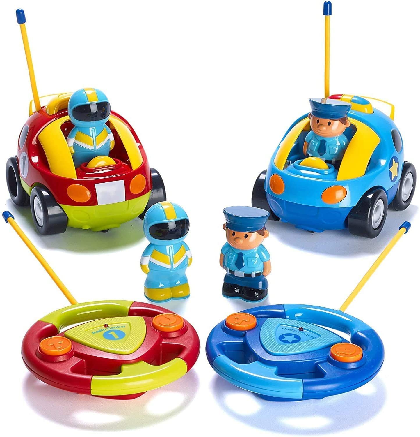 Beauenty 2PCS Cartoon Remote Control Cars - Police Car and Race Car with Lights and Music - Radio Control Toys for Kids - RC Car for Toddler Boy Toys - Gifts for Toddler Ages 2-5 (Blue & Red) (A)