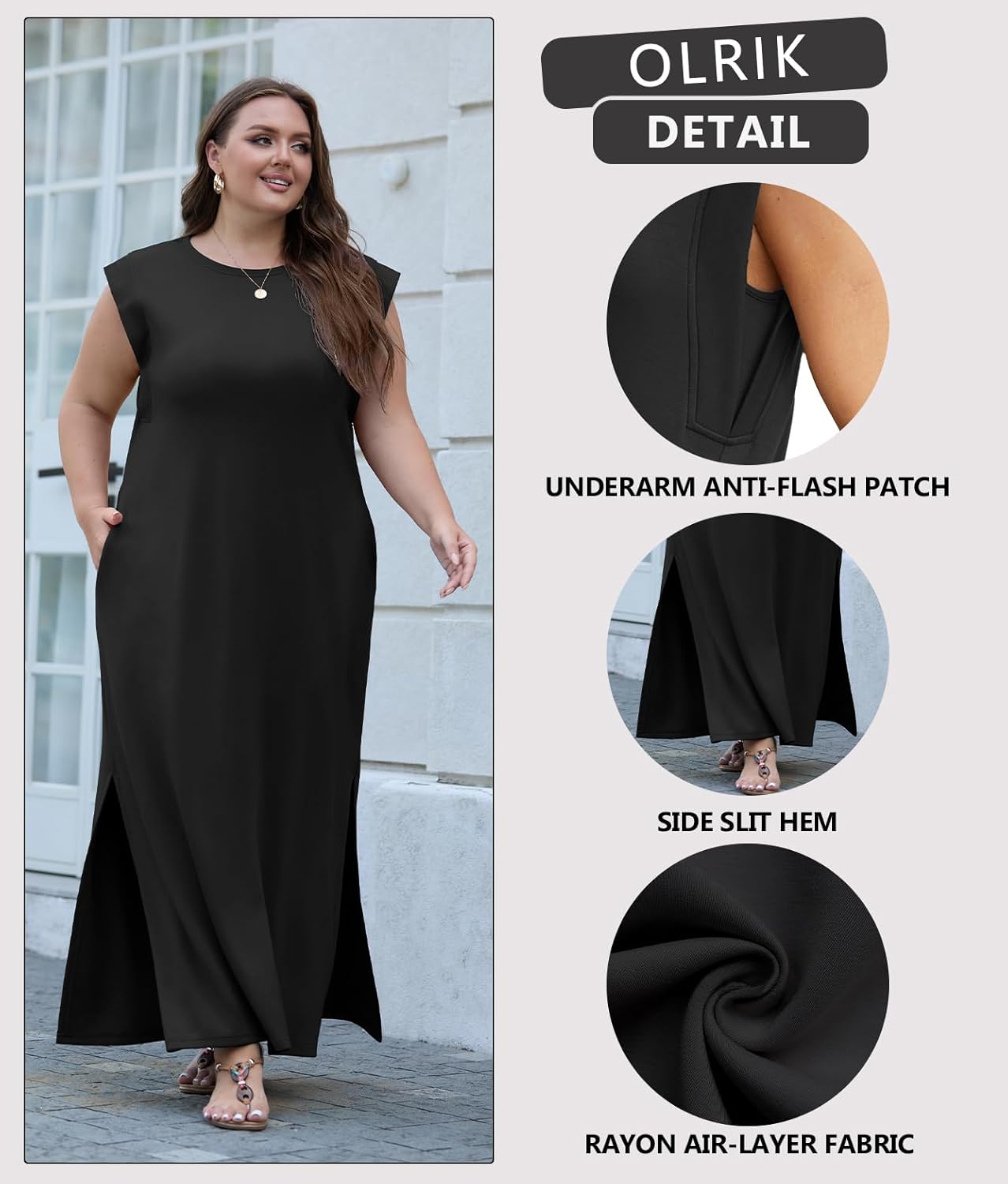 OLRIK Plus Size Maxi Dresses for Curvy Women 2026 Summer Casual Cap Sleeve Split Long Dress with Pockets Loose Fit - Image 4