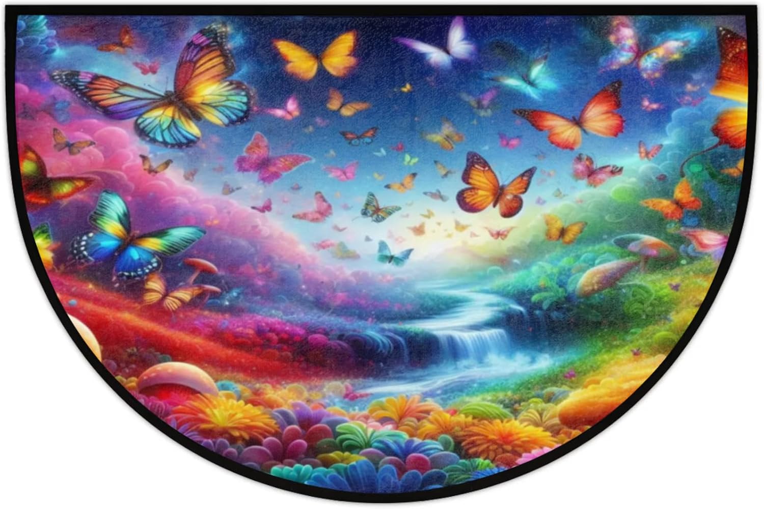 Half Round Doormat Colored Butterfly Flower Non Slip Half Circle Area Rugs Indoor Washable Half Moon Rug Semi Circle Bathroom Runner Mat Entrance Floor Carpet for Kithen Bedroom Fireplace Decor