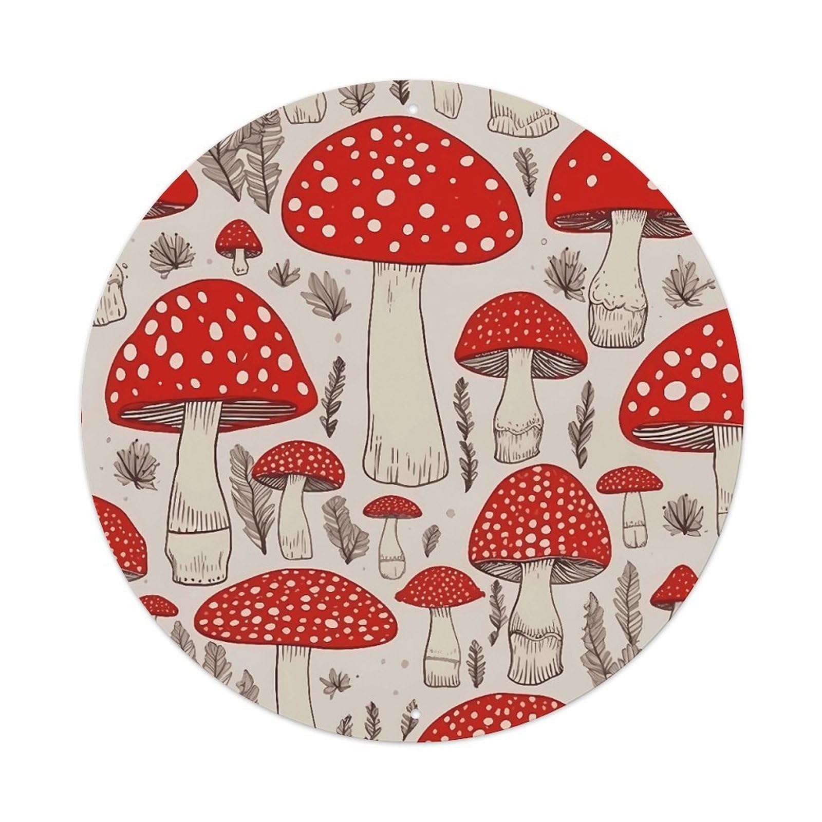 LZQPOEAS Red White Mushroom Round Aluminum Wall Art Sign, Metal Indoor Wall Decor with Holes, Durable Circular Aluminum Plaque for Home, Bar, Cafe, Living Room, And Office Decoration
