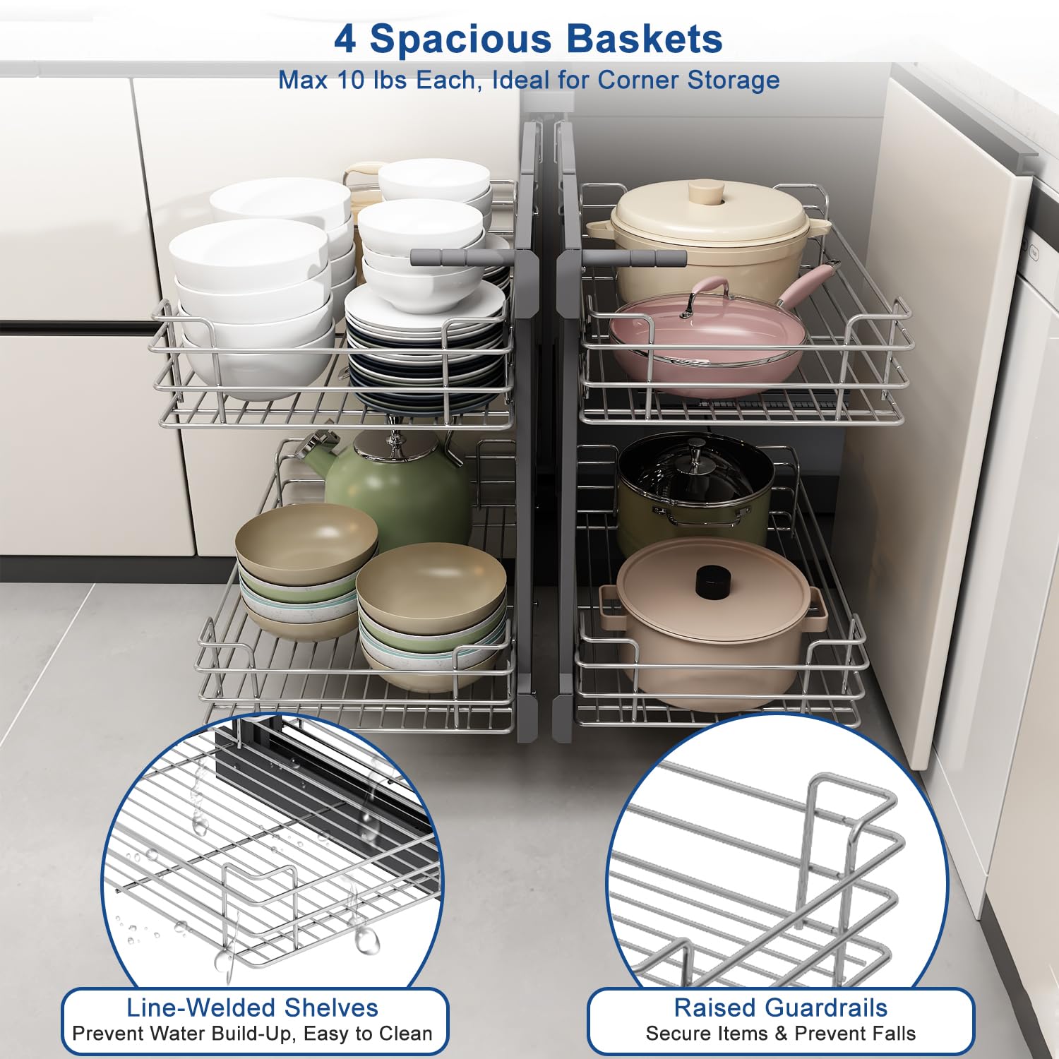 VADANIA Ausziehbarer Küchenschrank Organizer für Blinde Ecken, 800 mm, 2-stöckiger Korb Aufbewahrung, Softclose, Bodenmontage, Links- und Rechtsöffnung kompatibel