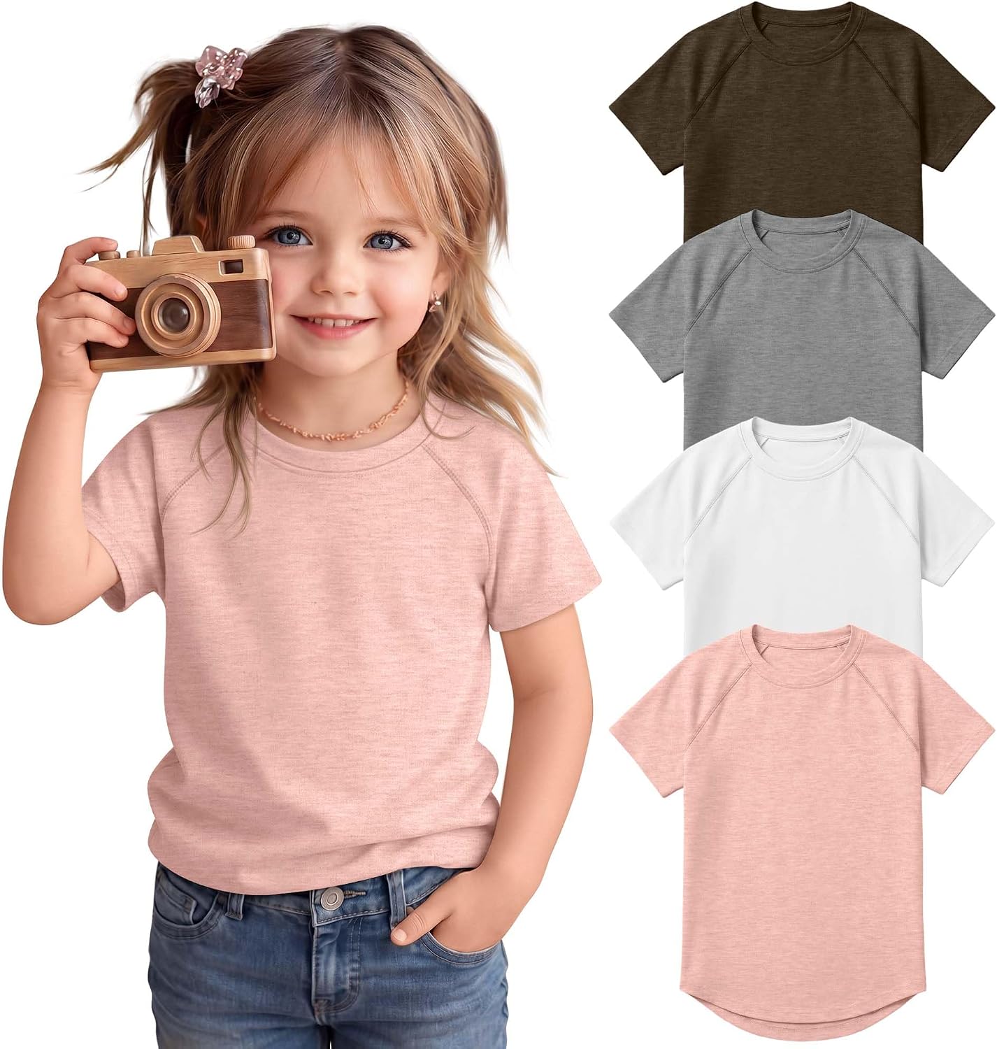 4 Pack Toddler Girls' Short Sleeve Shirts Raglan Crew Neck Tops Curved Hem Loose Casual Tshirts Baby Kids Basic Tees
