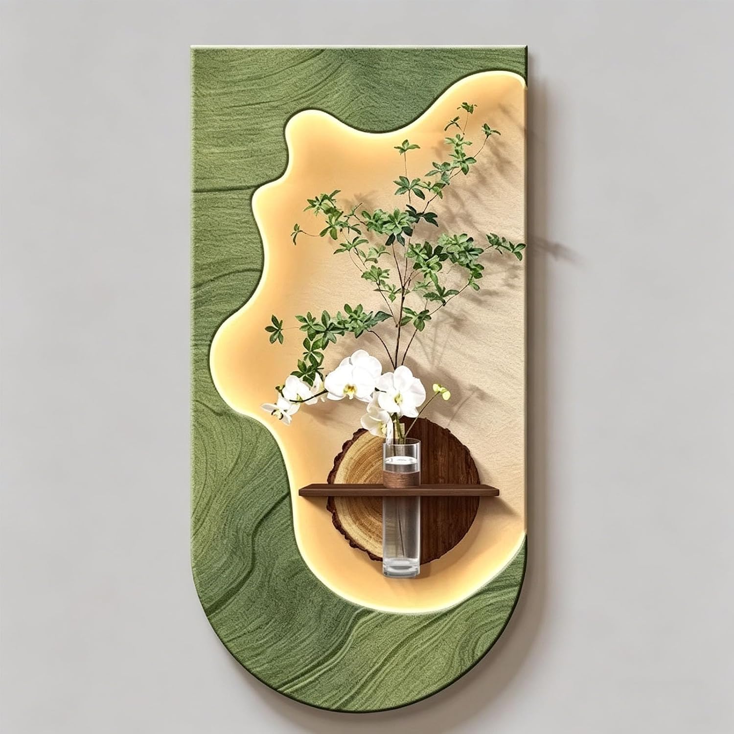 3D Sandstone Relief Wall Art with LED Lighting, Modern Landscape Decor Featuring Faux Greenery in Glass Vases, Luxurious Home Decor for Entryways and Hallways