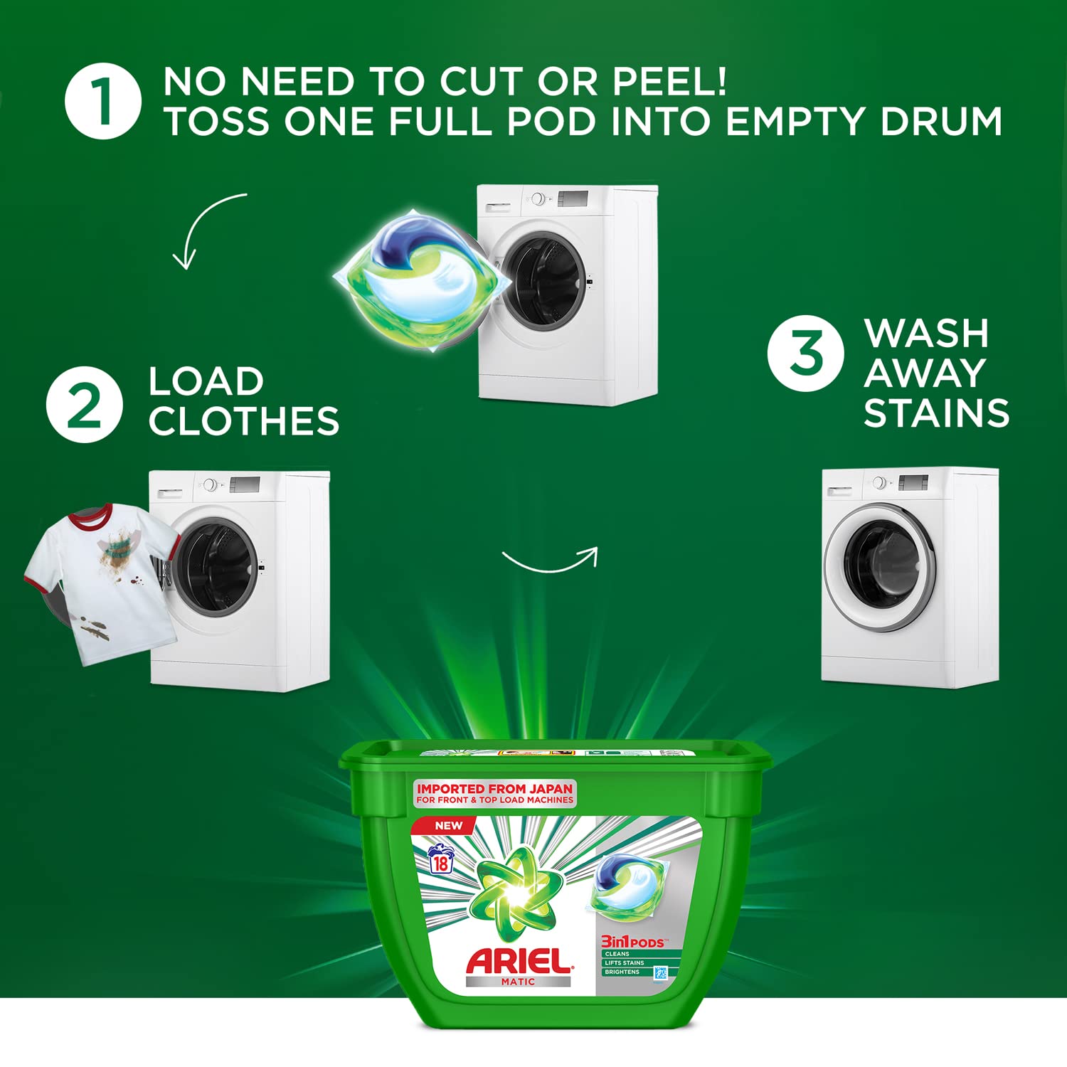 Ariel Matic 3in1 PODs Liquid Detergent Pack 18 Count for Both Front Load and Top Load Washing