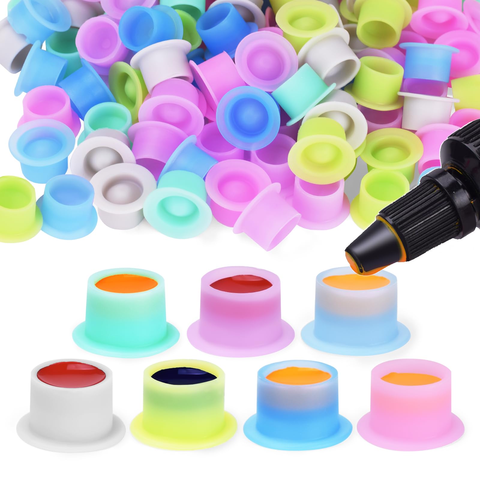 ATOMUS Tattoo Ink Cup 200pcs Disposable Silicone Tattoo Pigment Cup Round Shape Eyebrow Eyeliner Lip Color Pigment Cup Mixed Color Tattoo Pigment Holder