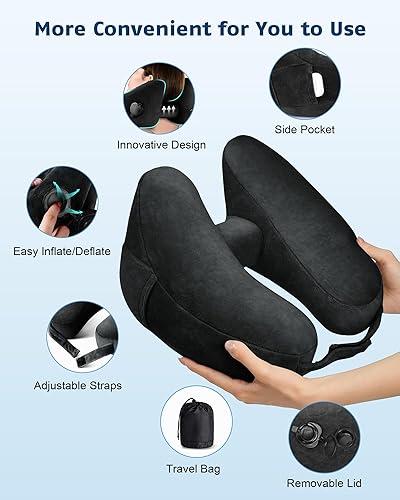 Miniatura 4 de Almohada de viaje inflable para el cuello, almohada de avión con funda de terciopelo, almohada inflable para automóvil, tren, avión (negro, M)