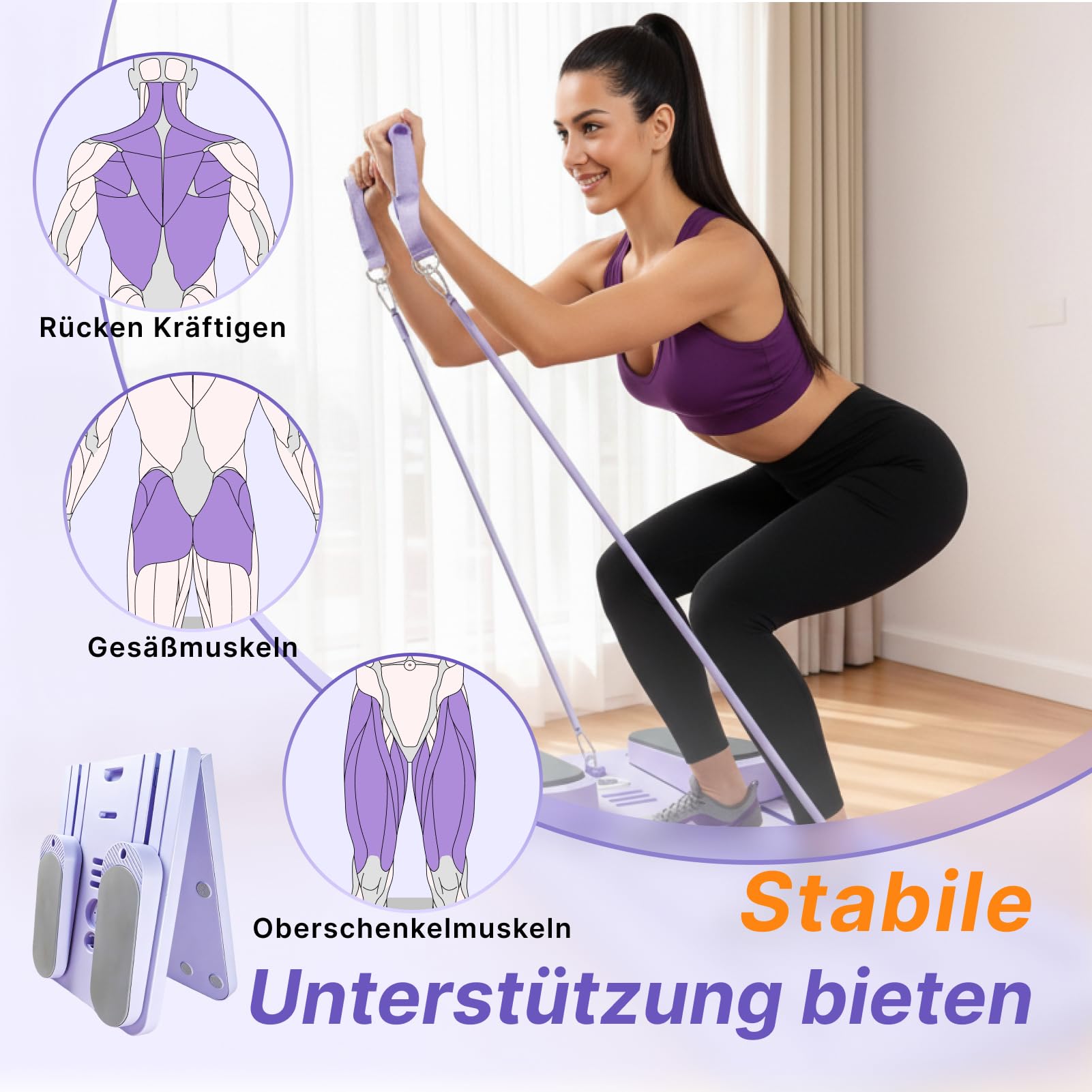 Reformer Pilates Multifonction Pliable avec Bandes de Résistance, Appareil d’Entraînement Complet du Corps et Abdominal pour Gym à Domicile, Compact et Facile à Ranger
