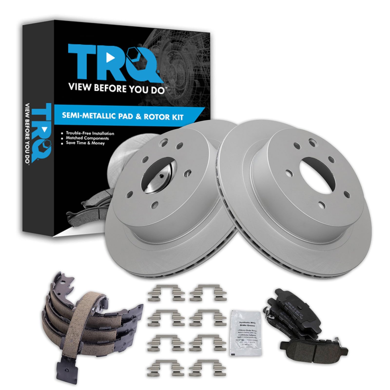 TRQ Rear Brake Pad and Rotor Set Semi Metallic G Coated Rotors Parking Brake Shoe Compatible with 2011-2022 Nissan Leaf with Manual Parking 2008-2013 Rogue 2014-2015 Rogue Select