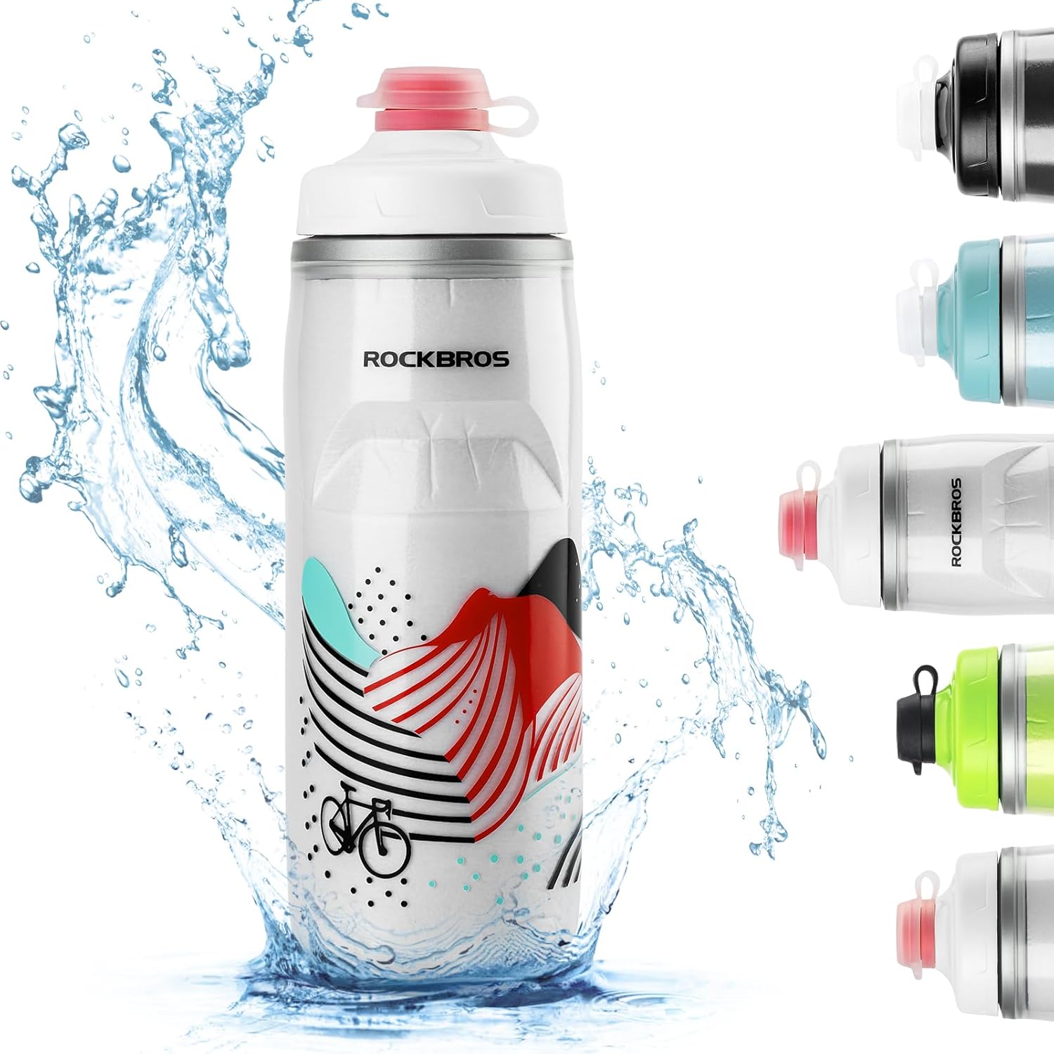 ROCKBROS Botella de agua para bicicleta de 21 onzas, botella de agua para 5 horas de aislamiento, botella de agua deportiva con diseño a prueba de