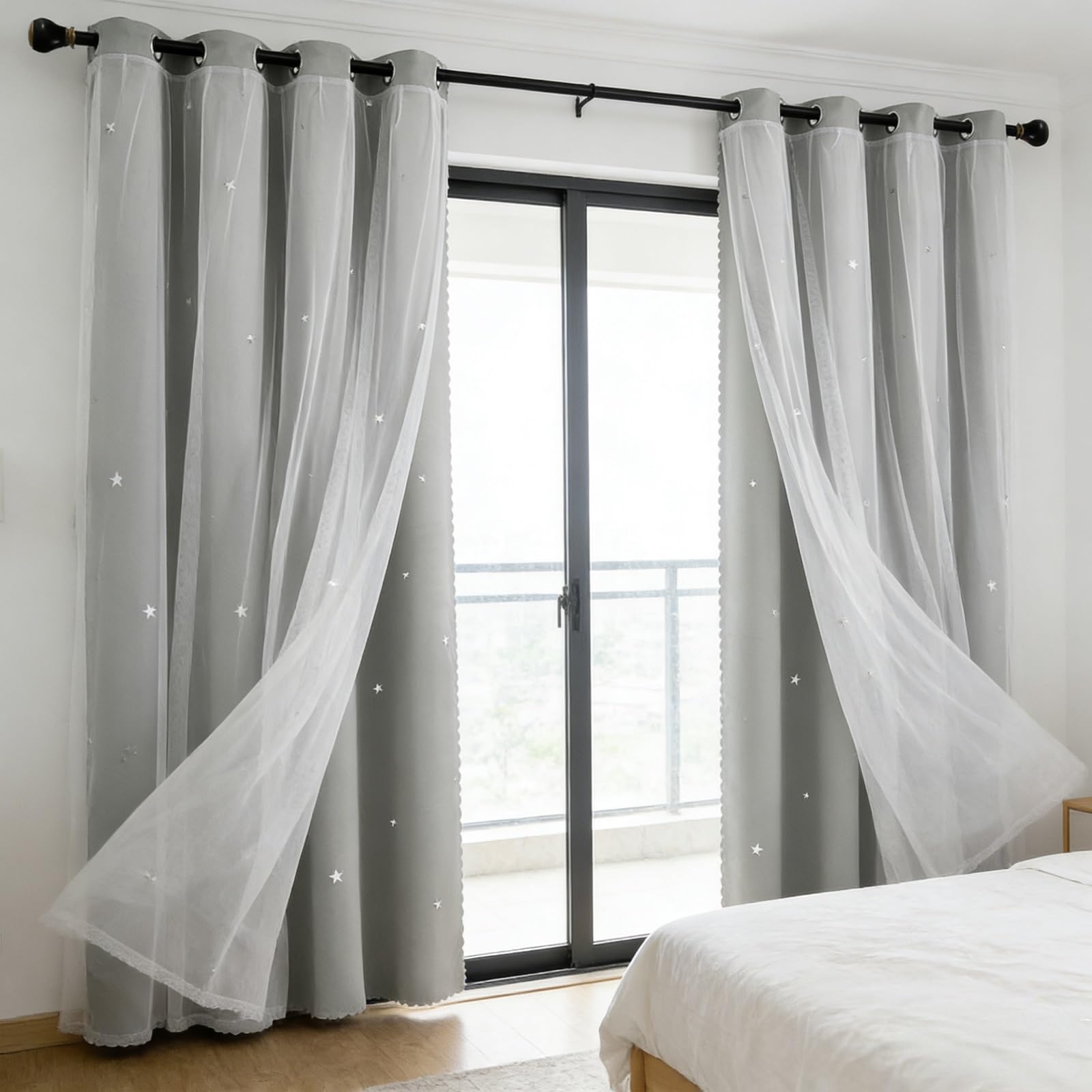 Rideau occultant gris 120x230 cm avec tulle à œillets et motif étoiles pour chambre
