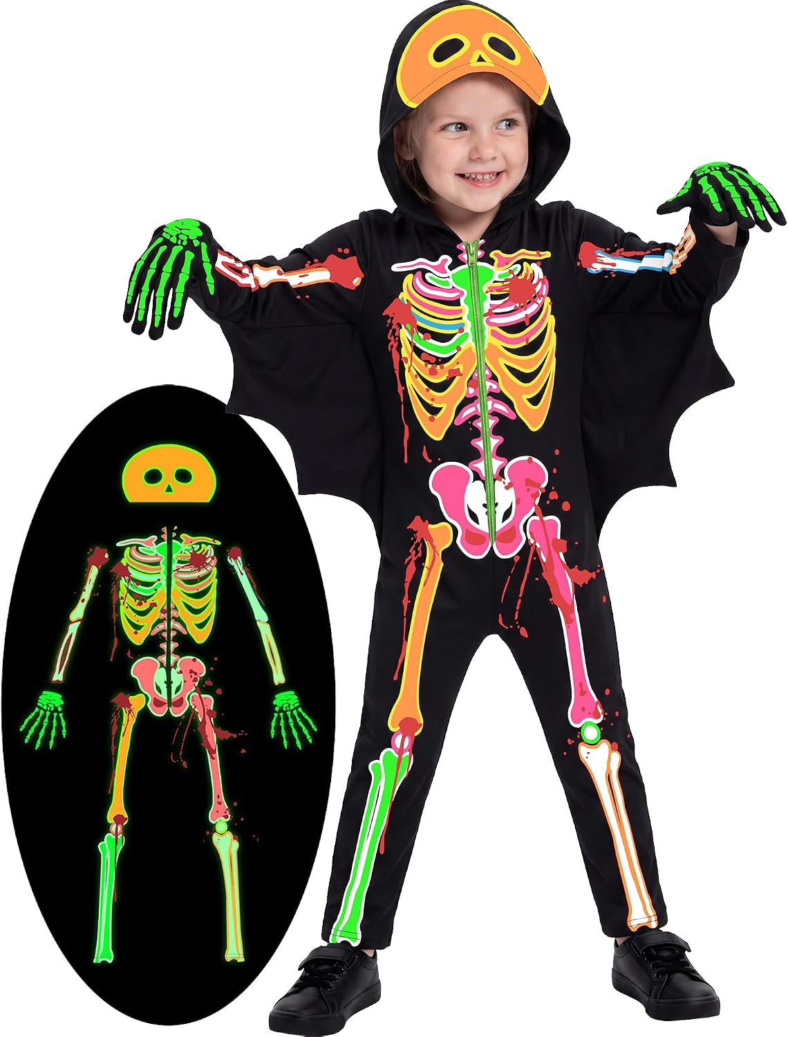 Kids Halloween Skeleton Costume Toddler Glow in The Dark Hooded Skull Bat Jumpsuit Baby Boys Girls 3-10Y
