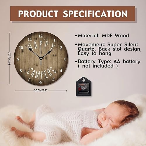 Miniatura 7 de ArogGeld Reloj de pared con diseño de campistas, funciona con pilas, 12 pulgadas, silencioso, sin tictac, estilo casa de campo, decoración moderna