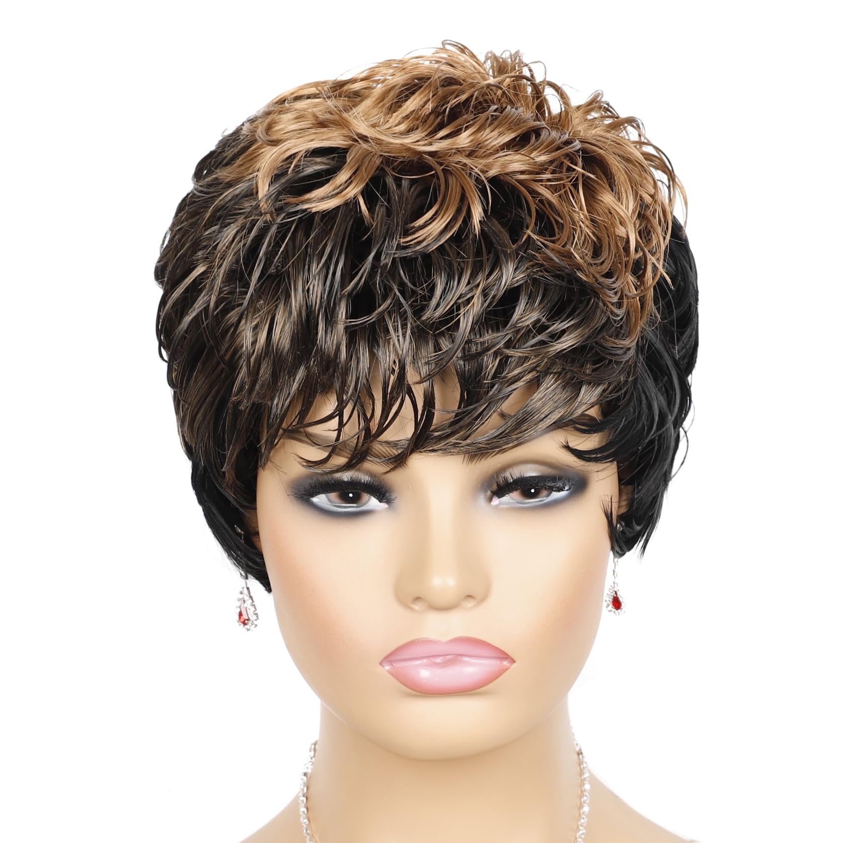Czrleaty Short Pixie Cut Wig Synthetic Short Curly Wigs for White/Black Women Shot Layered Wavy Hair Wig With Bangs,Daily Wig (Mixed black&blonde 1H27