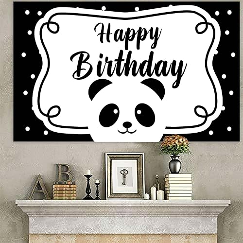 Miniatura 4 de Lindo telón de fondo de pancarta de feliz cumpleaños de panda en blanco y negro, decoración temática de animales de zoológico, decoración para