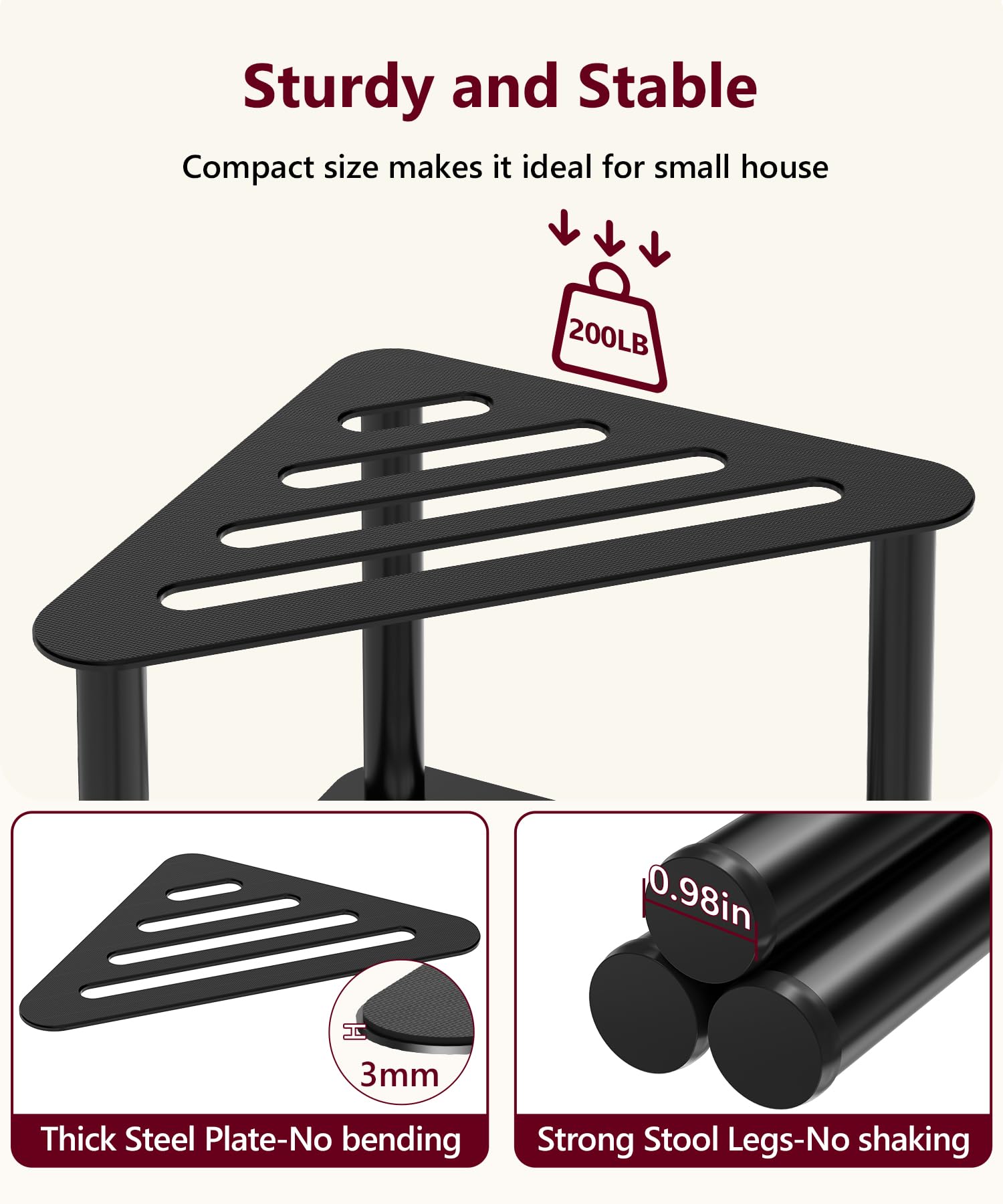 Taburete de ducha esquinero de metal, resistente al agua e inoxidable, banco de ducha de doble capa para colocar las piernas, taburete de baño, escalón de spa, taburete pequeño (luz negra)