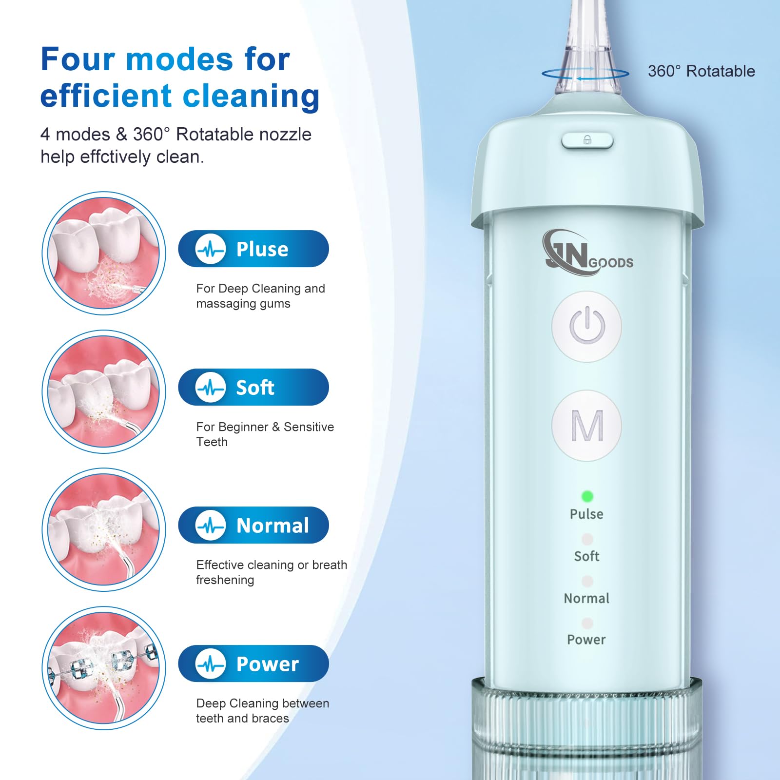 JNGOODS Mini idropulsore portatile per irrigazione orale, per la pulizia dei denti, serbatoio dell'acqua telescopico, 4 modalità e impermeabilità IPX7, per la casa e i viaggi, per la cura dei denti