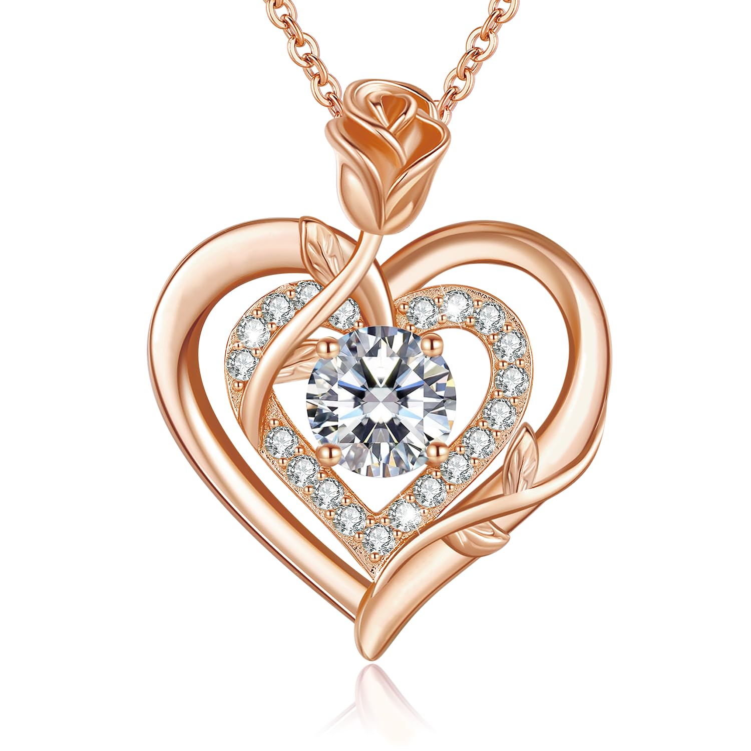 LAVUMO Moissanite Halskette Damen Silber 925 Herz Rose Schmuck Geschenke | Kette Damen Gold/Rosegold/Silber Doppel Rose Anhänger Weihnachten Valentinstag Geburtstag Geschenke für Frauen Freundin Mama