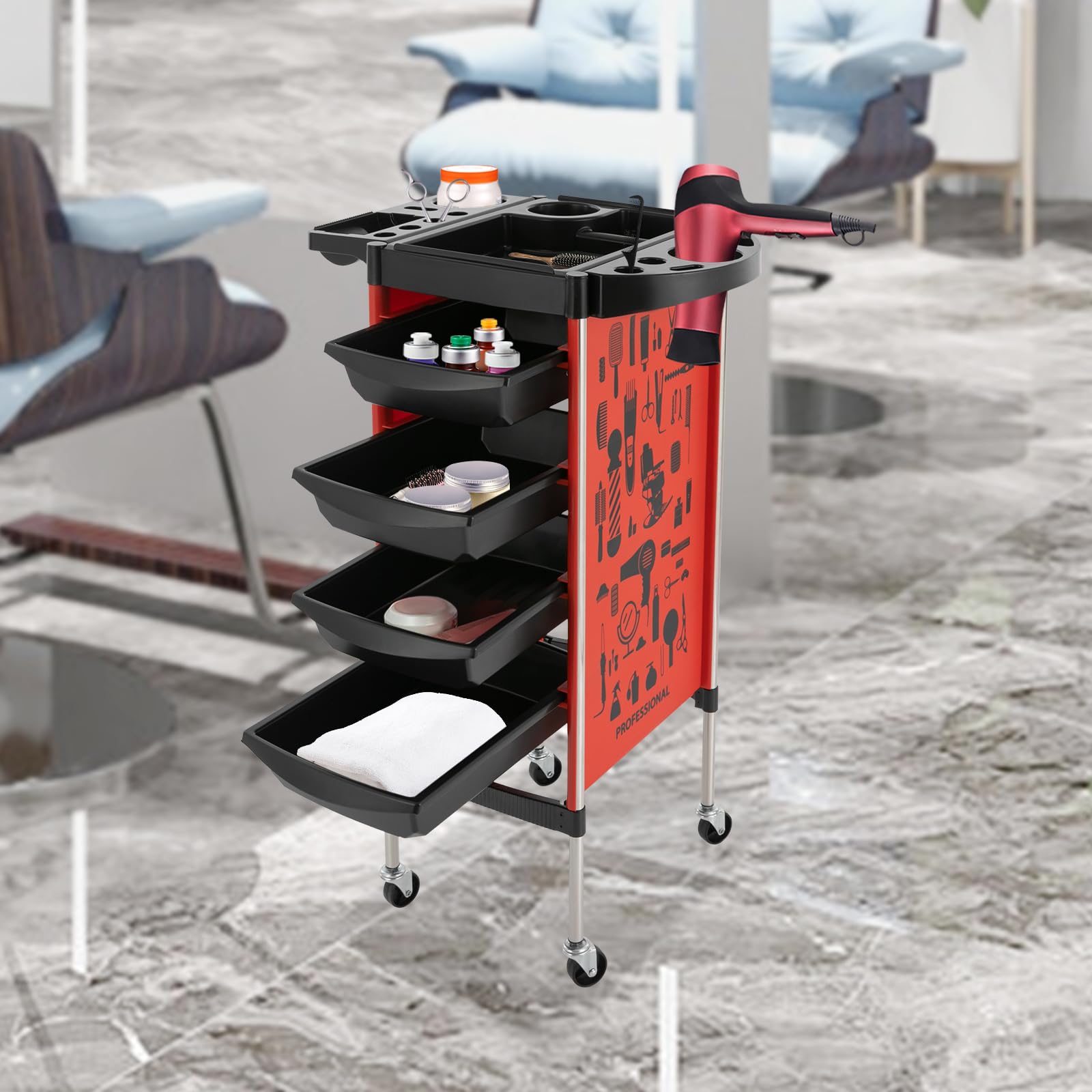 Carrello Parrucchiere Professionale 38 x 88 cm 5 Ripiani + 4 cassetti Ruote silenziose Rosso per Centri estetici e Parrucchieri