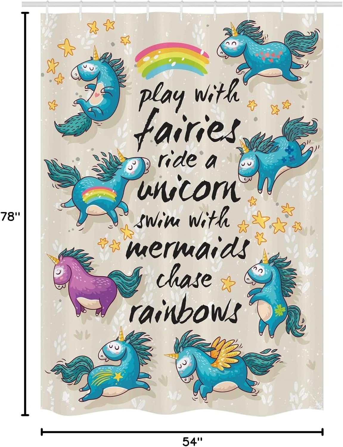 Ambesonne Cartoon Stall Shower Curtain, Mythical Unicorns Stars and Rainbow Creature Theme Print, Fabric Bathroom Decor Set with Hooks, 54" W x 78" L, Beige Teal Blue