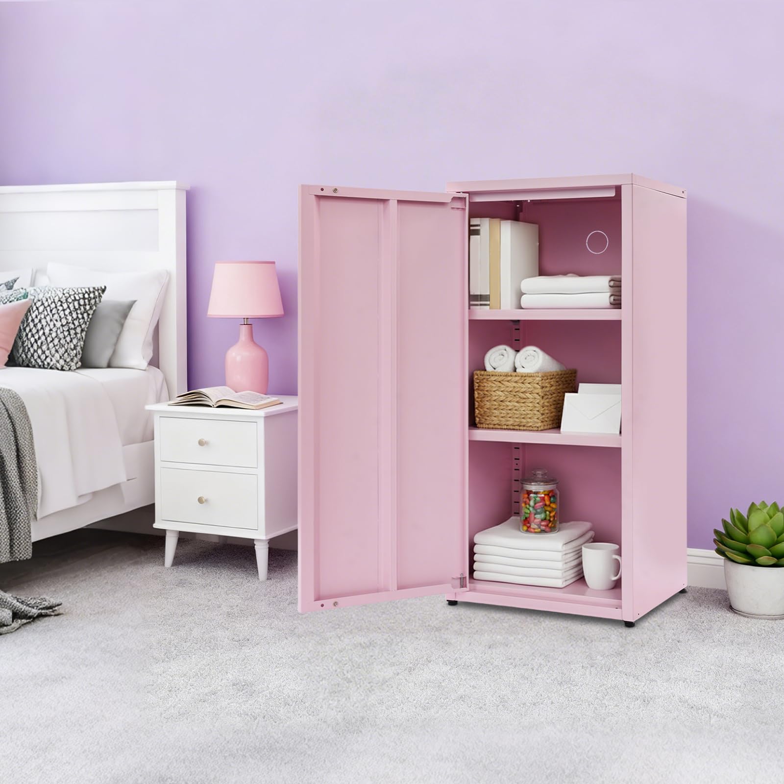 Armadio a 3 livelli con una porta, armadietto da ufficio, armadietto in acciaio, superficie con funzione di assorbimento magnetico, per soggiorno, camera da letto e ufficio, 40 x 35 x 88 cm (rosa)