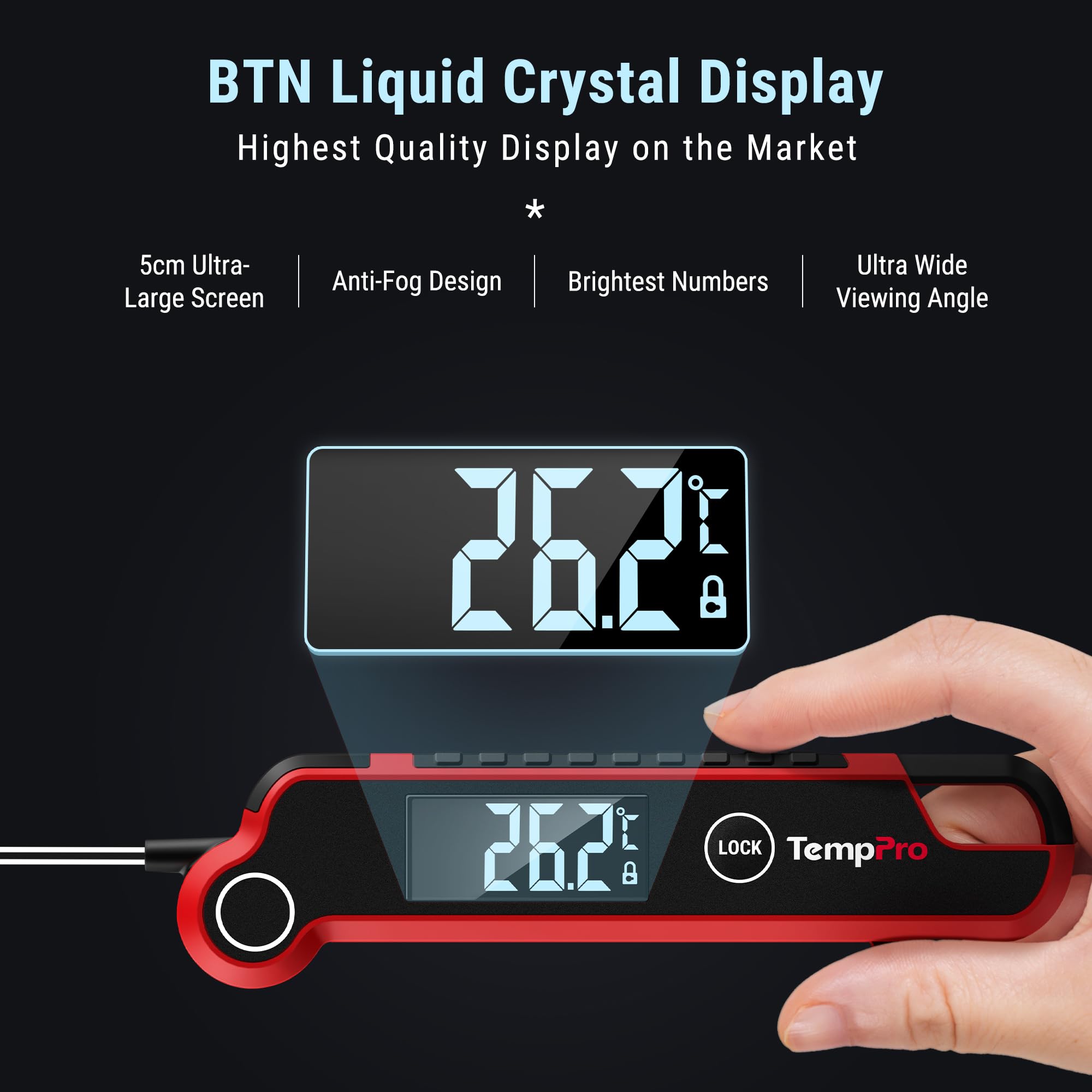 ThermoPro TP620 Thermometre Cuisine Professionnel à Lecture Instantanée, Termometre Cuison LCD à Rétroéclairage avec Détection de Mouvement, Thermometre Cuisson Numérique pour Aliments, Barbecue, Four