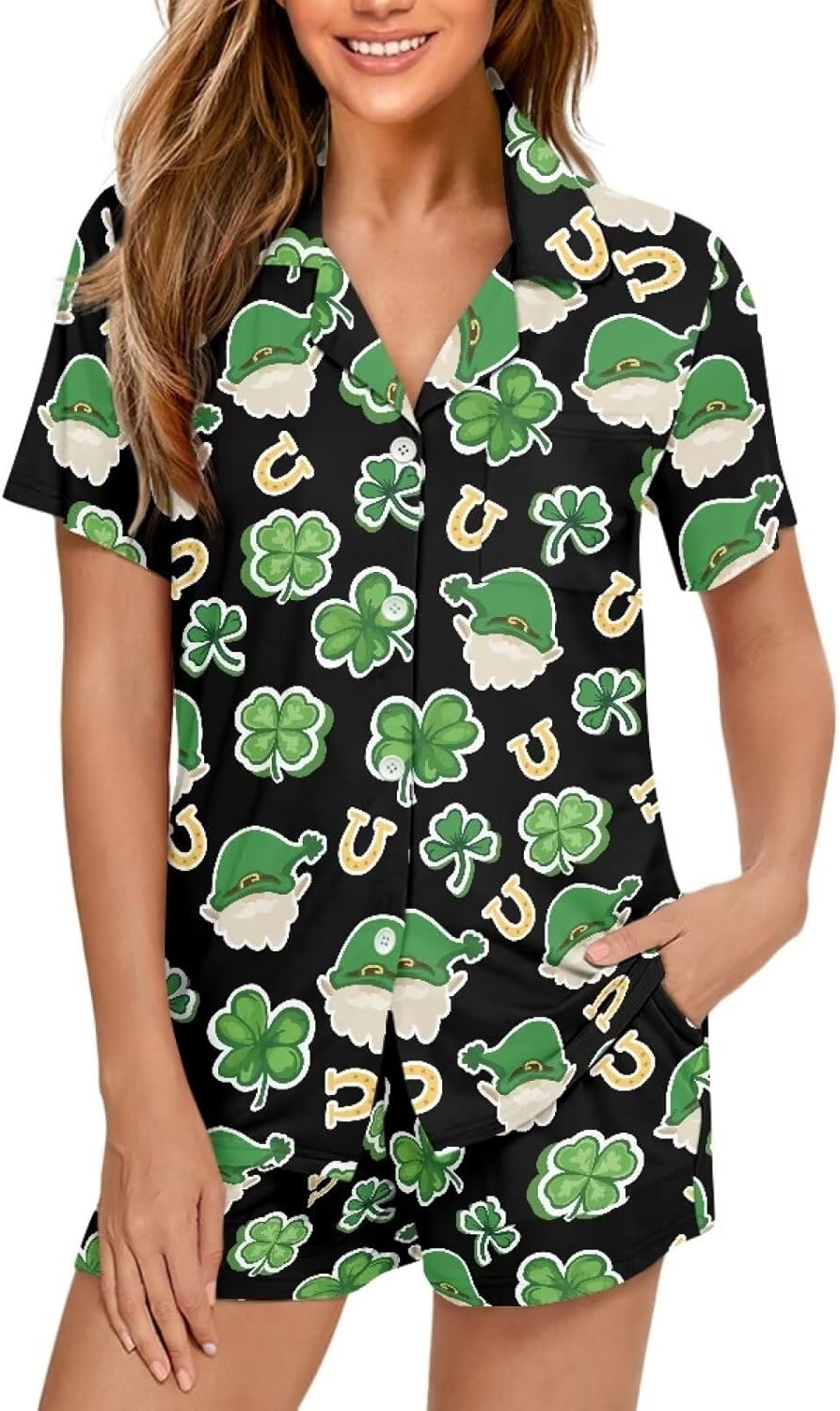 St. Patrick's Day Pajamas For Women 3D Print Clover Pattern Sleepwear Everyday Lounge Wear Short-Sleeved Homewear