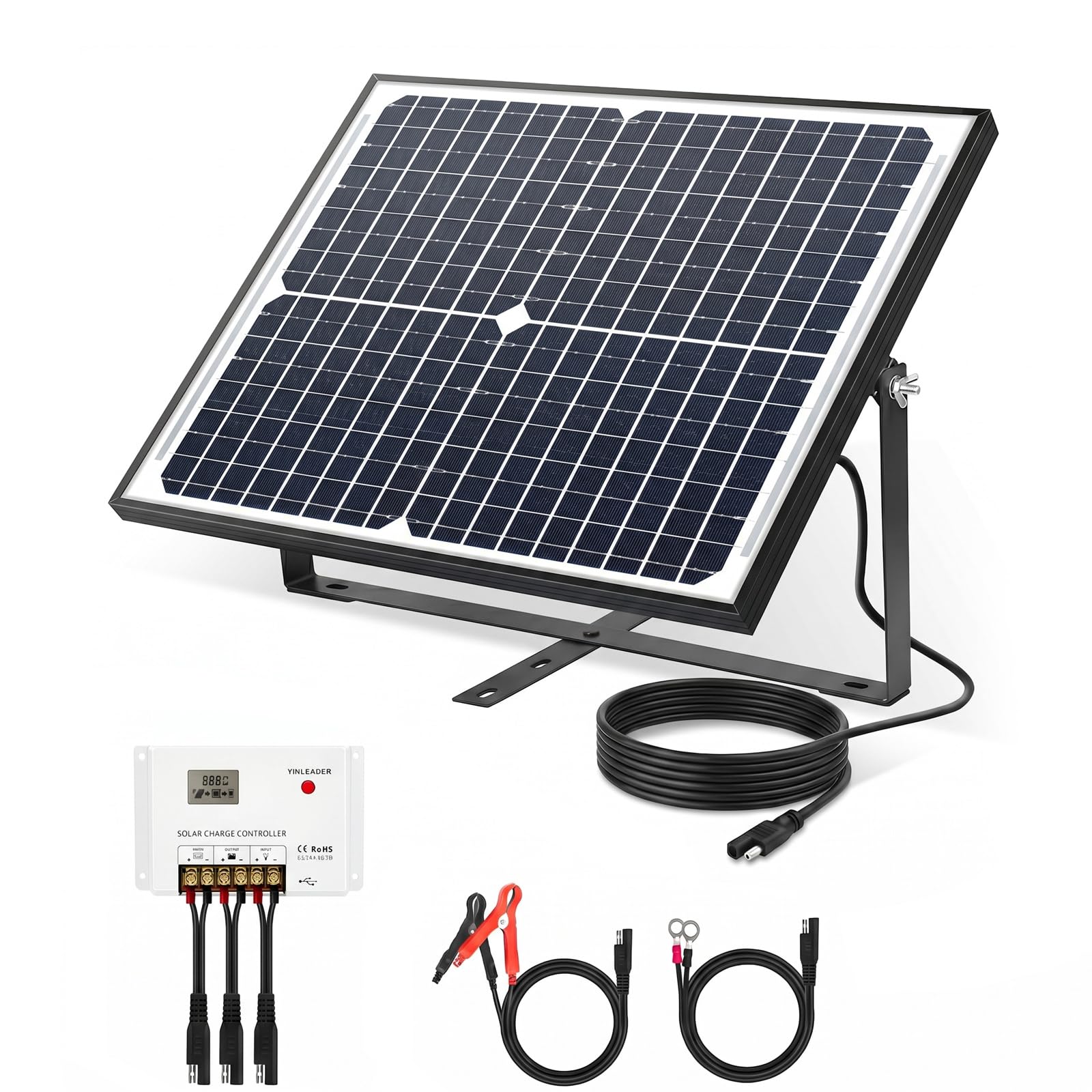 Yinleader Pannello solare da 25 W, 12 V, monocristallino, set completo con regolatore di carica PWM SAE su morsetti a coccodrillo e capicorda ad anello, cavo per batteria auto, camper, roulotte, barca