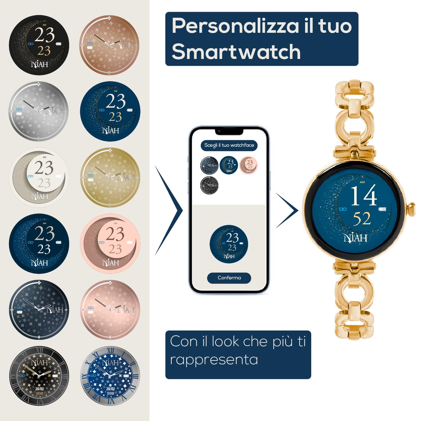 TECHMADE Smartwatch Niah Lyra per donne, orologio digitale gioiello, schermo AMOLED, chiamate, notifiche, funzione SOS, sport, cardiofequenzimetro, Spo2, BP, comp con IOS e android (GOLD)