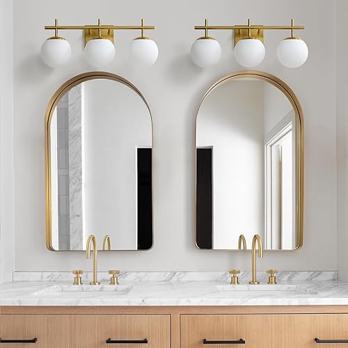 Miniatura 7 de Lámpara dorada para baño, luz de tocador de baño de 3 luces sobre el espejo, accesorios de iluminación modernos con pantalla de vidrio de globo