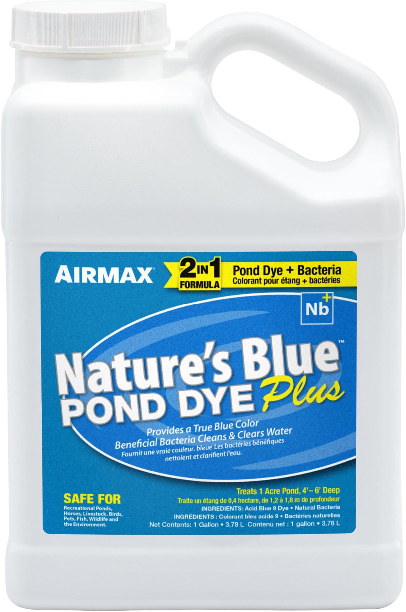 Pond Dye Plus, Nature's Blue Colorant & Natural Beneficial Bacteria, Large Pond & Lake Water Clarifier & Color Treatment, Shade Plants & Algae from Sunlight, Fish & Livestock Safe, 1 Gallon