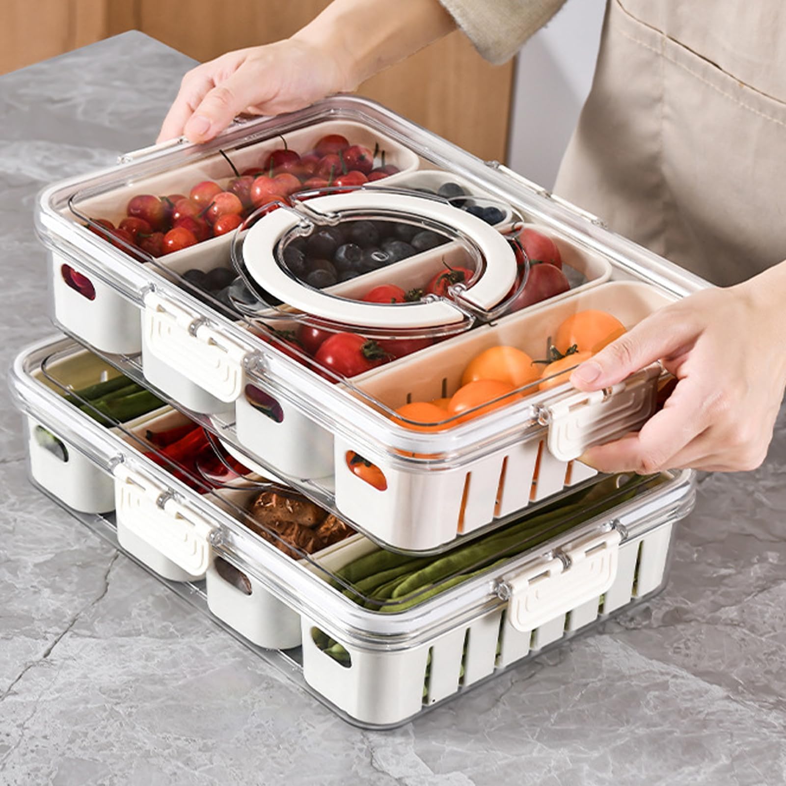 2pcs Refrigerator Organizer Box,Divided Food Storage Container Fruit Storage Bin w/ 4 Drain Basket,Stackable Vegetable Strainer Box for Fridge Pantry Freezer Snack Box for Candy Nuts (4 Drain-A)