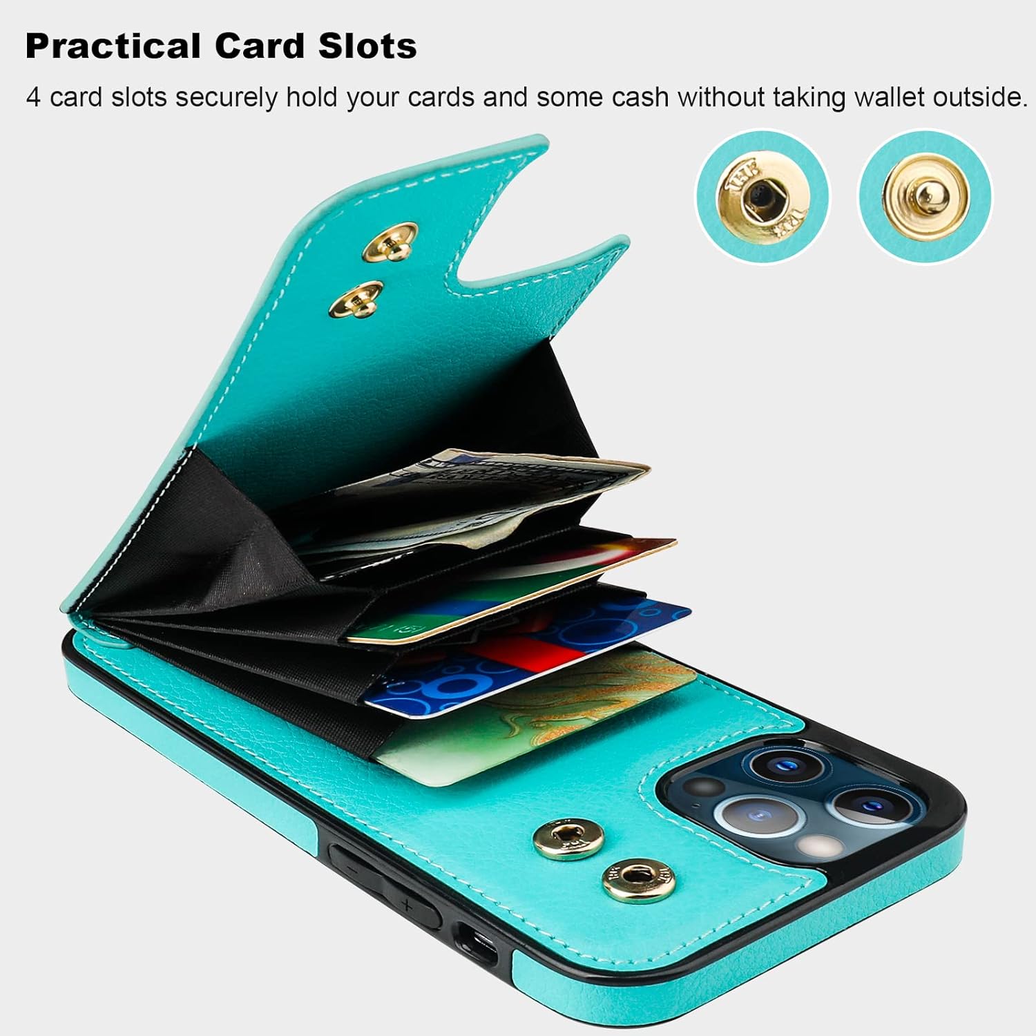 Folosu Compatible with iPhone 12/12 Pro Case Wallet with Card Holder, 360°Rotation Finger Ring Holder Kickstand Protective RFID Blocking PU Leather Double Buttons Flip Shockproof 6.1 Inch Mint Green - Image 4