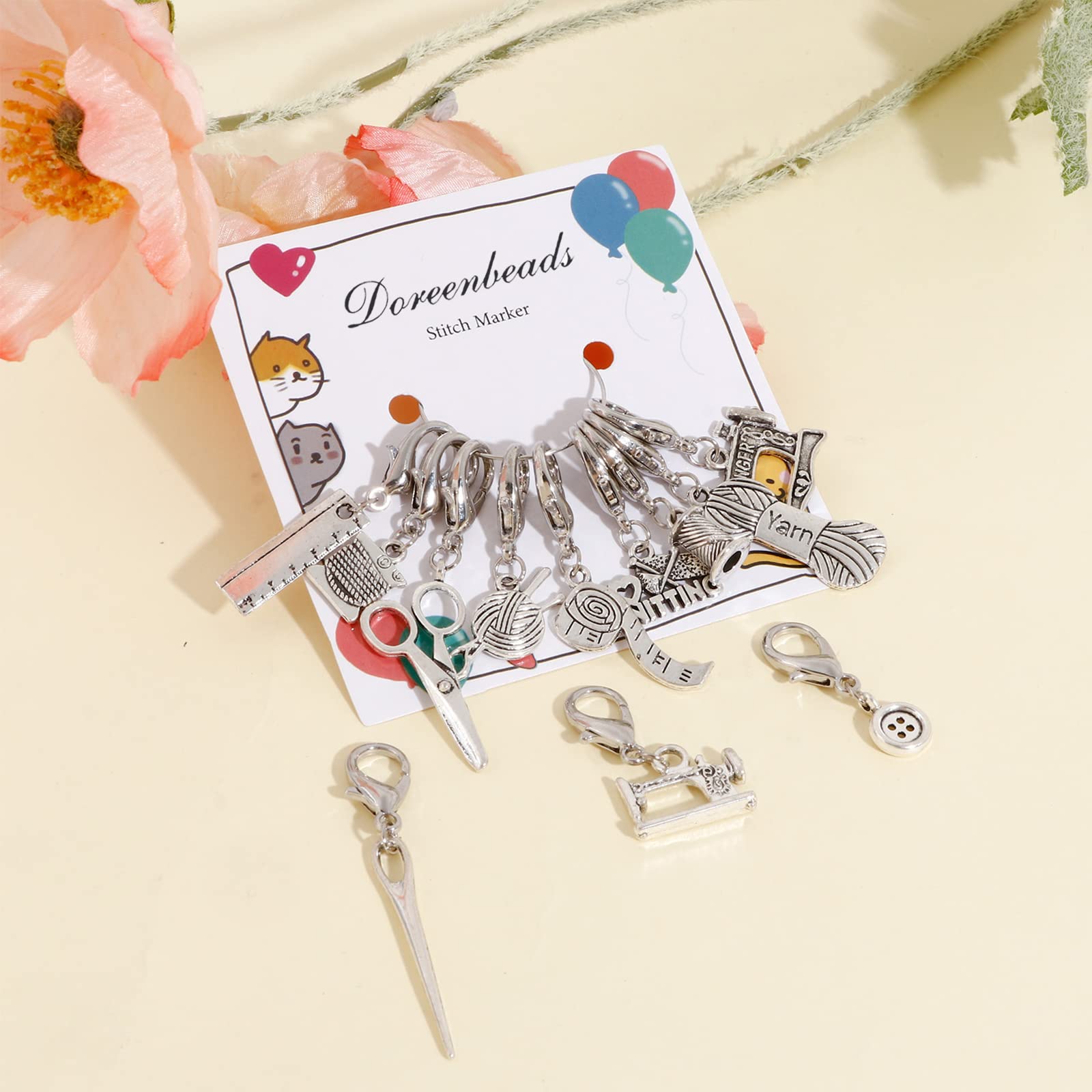 DoreenBeads 12 dijes de marcador de punto temático para ganchillo y tejer, marcador de punto de ganchillo de aleación de bloqueo de plata antigua con cierre de langosta, accesorios de ganchillo para